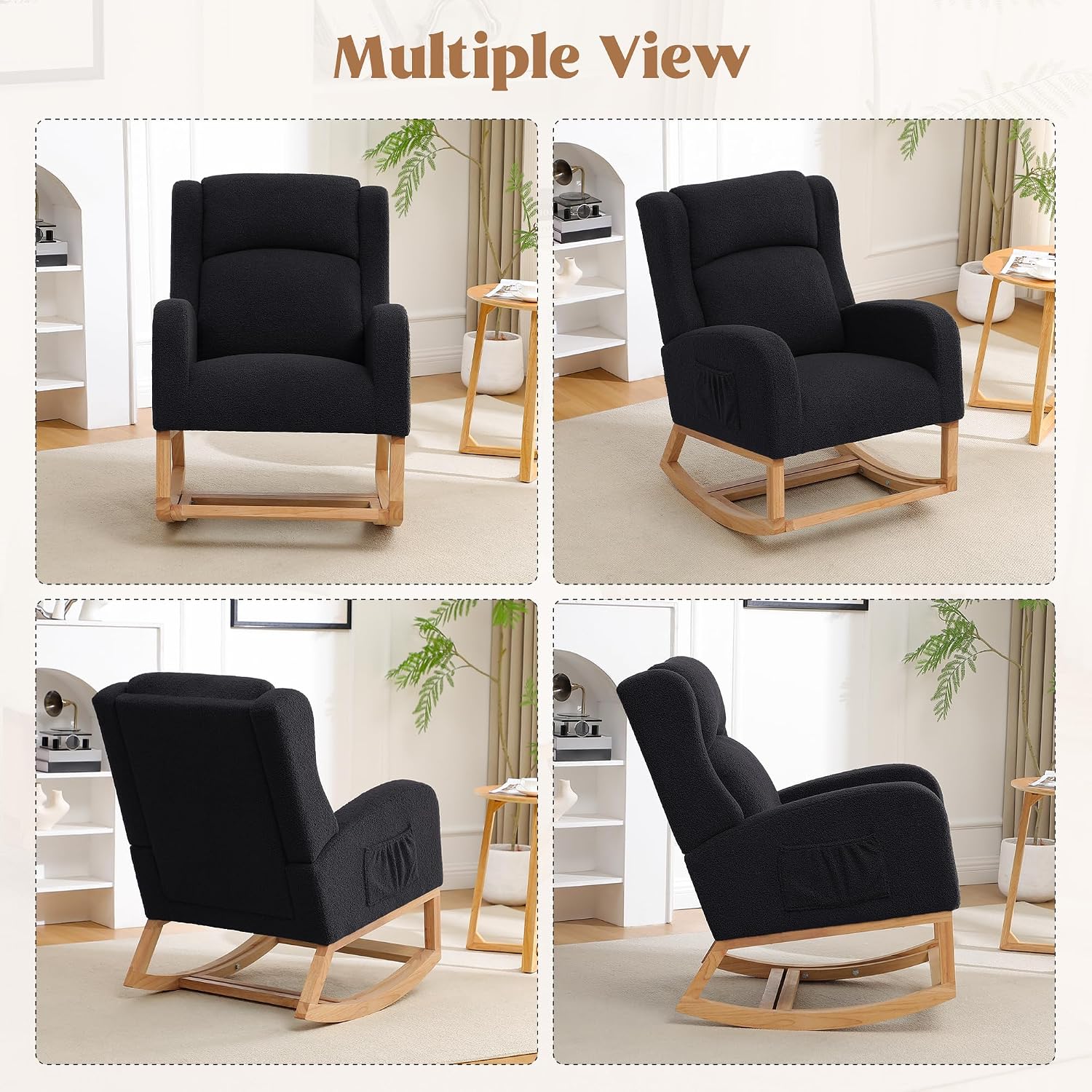 HCHAIRH Rocking Chair Nursery, Nursing Rocking Chairs for Mom Nursery, Comfy Wingback Glider Rocking Armchair with Foot Rest and Side Pocket for Nursery Living Room Bedroom, Teddy Black