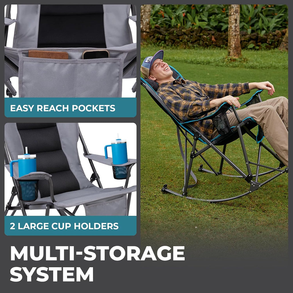FUNDANGO Oversized Rocking Camping Chair for Adults, High Back Padded Folding Lawn Chairs with Pillows, Wide Armrest, 2 Cup Holders, Carry Bag for Patio Garden Outdoor Supports 440Lbs (Grey)