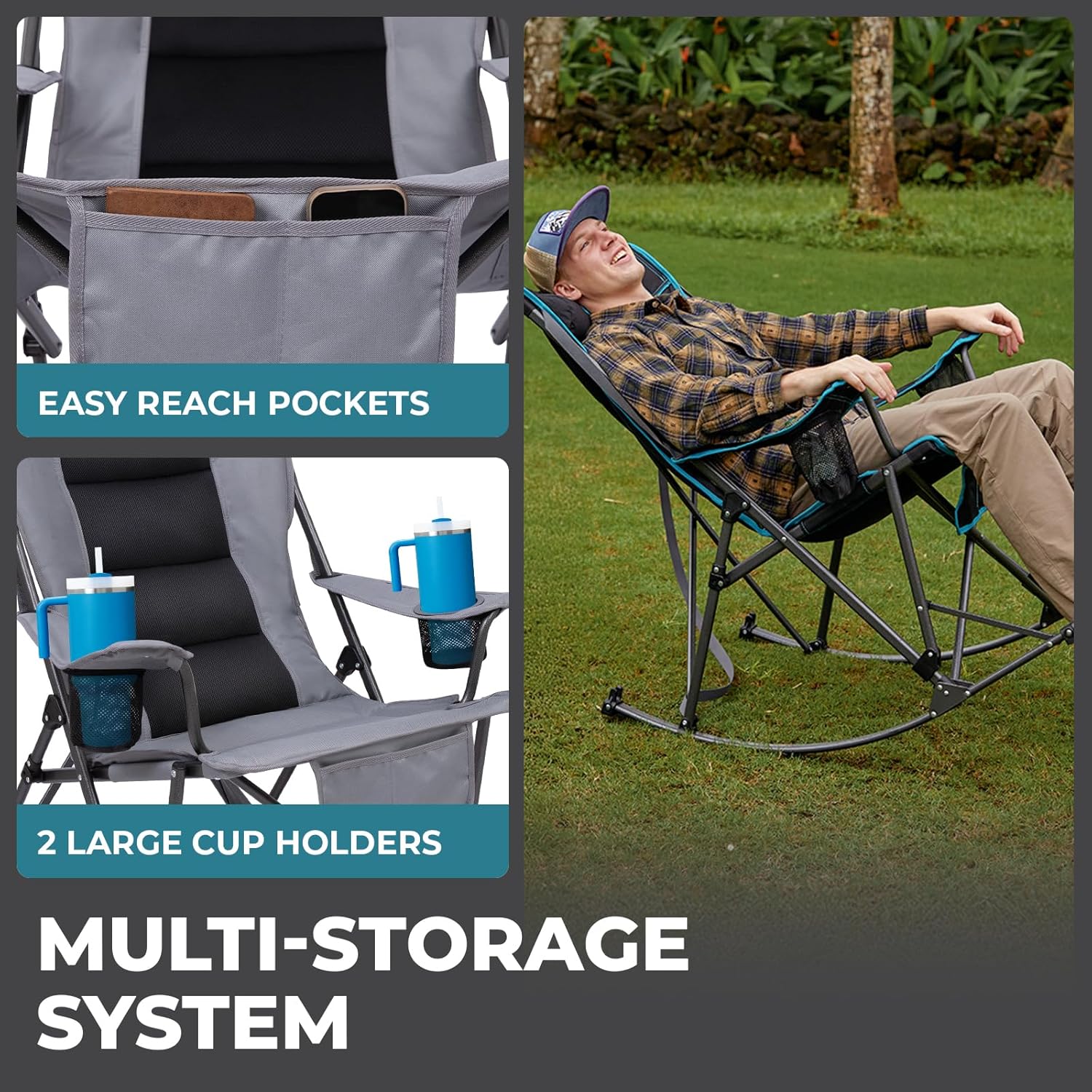 FUNDANGO Oversized Rocking Camping Chair for Adults, High Back Padded Folding Lawn Chairs with Pillows, Wide Armrest, 2 Cup Holders, Carry Bag for Patio Garden Outdoor Supports 440Lbs (Grey)
