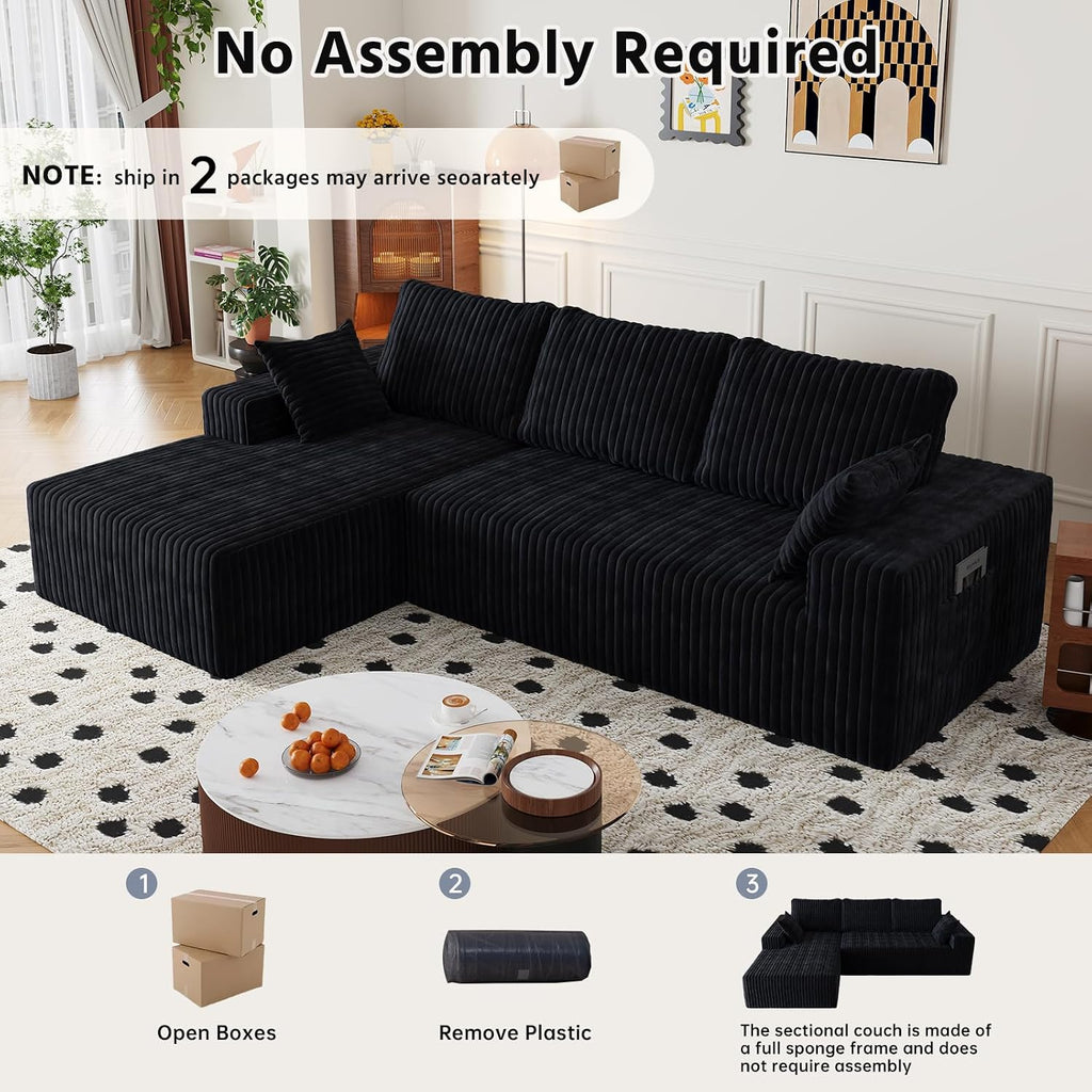 108' Modular Sectional Cloud Couch for Living Room Deep Seat L Shapes Boneless Couch with Oversized Chaise Lounge, Comfy Memory Foam Flannel Fabric Sofa for Bedroom Apartment, No Assembly Required