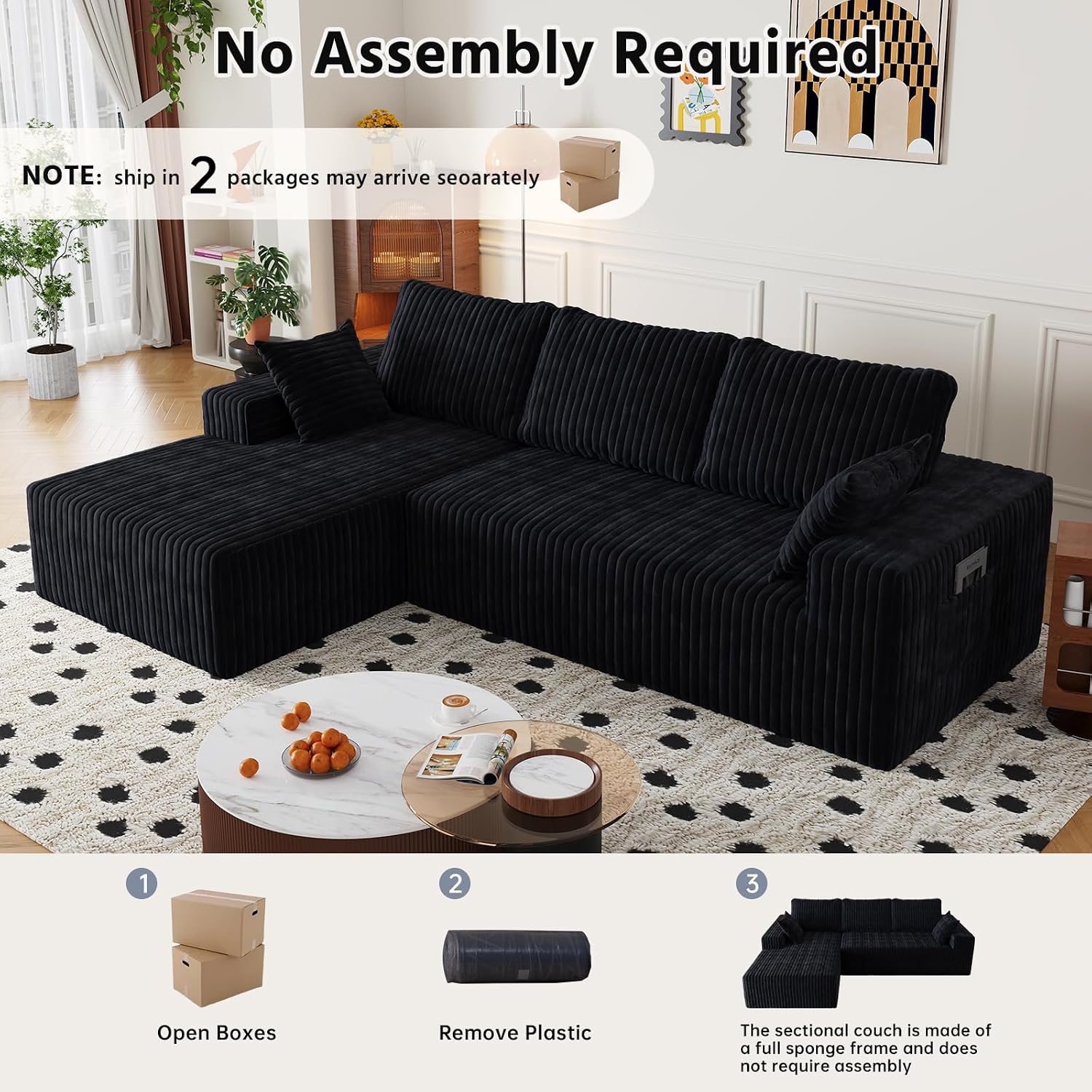 108' Modular Sectional Cloud Couch for Living Room Deep Seat L Shapes Boneless Couch with Oversized Chaise Lounge, Comfy Memory Foam Flannel Fabric Sofa for Bedroom Apartment, No Assembly Required