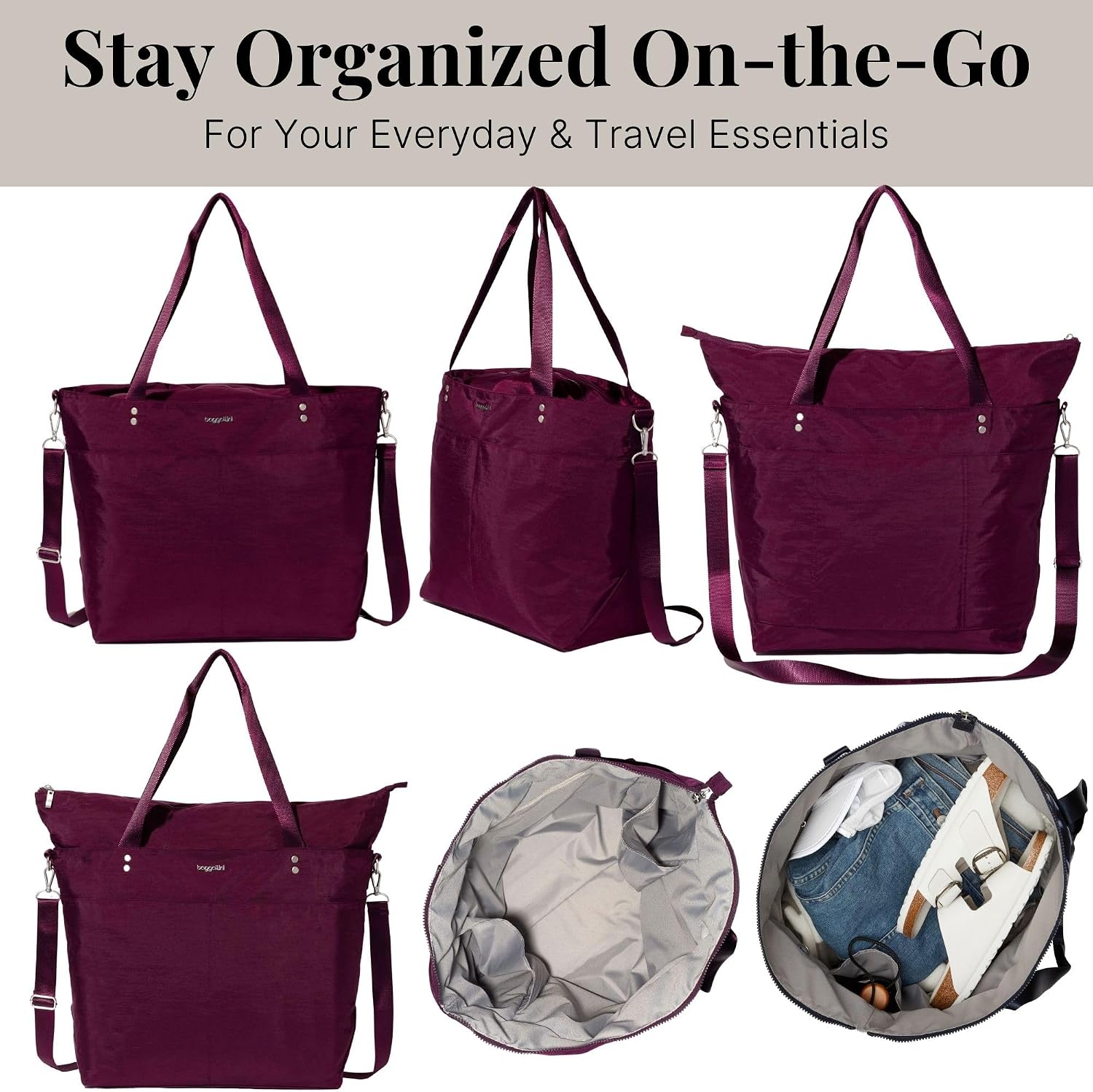 Baggallini Carryall Tote - Lightweight Nylon Zipper Top Weekender Travel Beach Bag w/Luggage Sleeve
