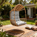 34.50' W Hanging Egg Chair Outdoor Indoor Double Papasan Comfy Wicker Balcony Patio Rocking Swing Cushions Light Brown (Brown+Beige + Fabric)
