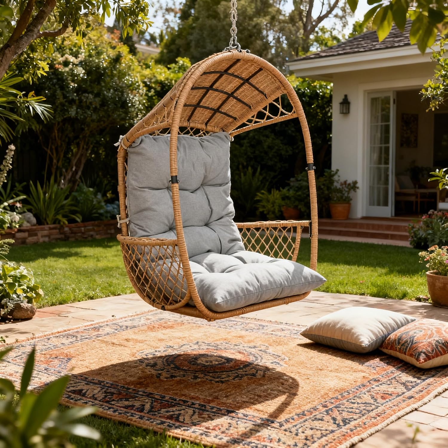 34.50' W Hanging Egg Chair Outdoor Indoor Double Papasan Comfy Wicker Balcony Patio Rocking Swing Cushions Light Brown (Brown+Beige + Fabric)