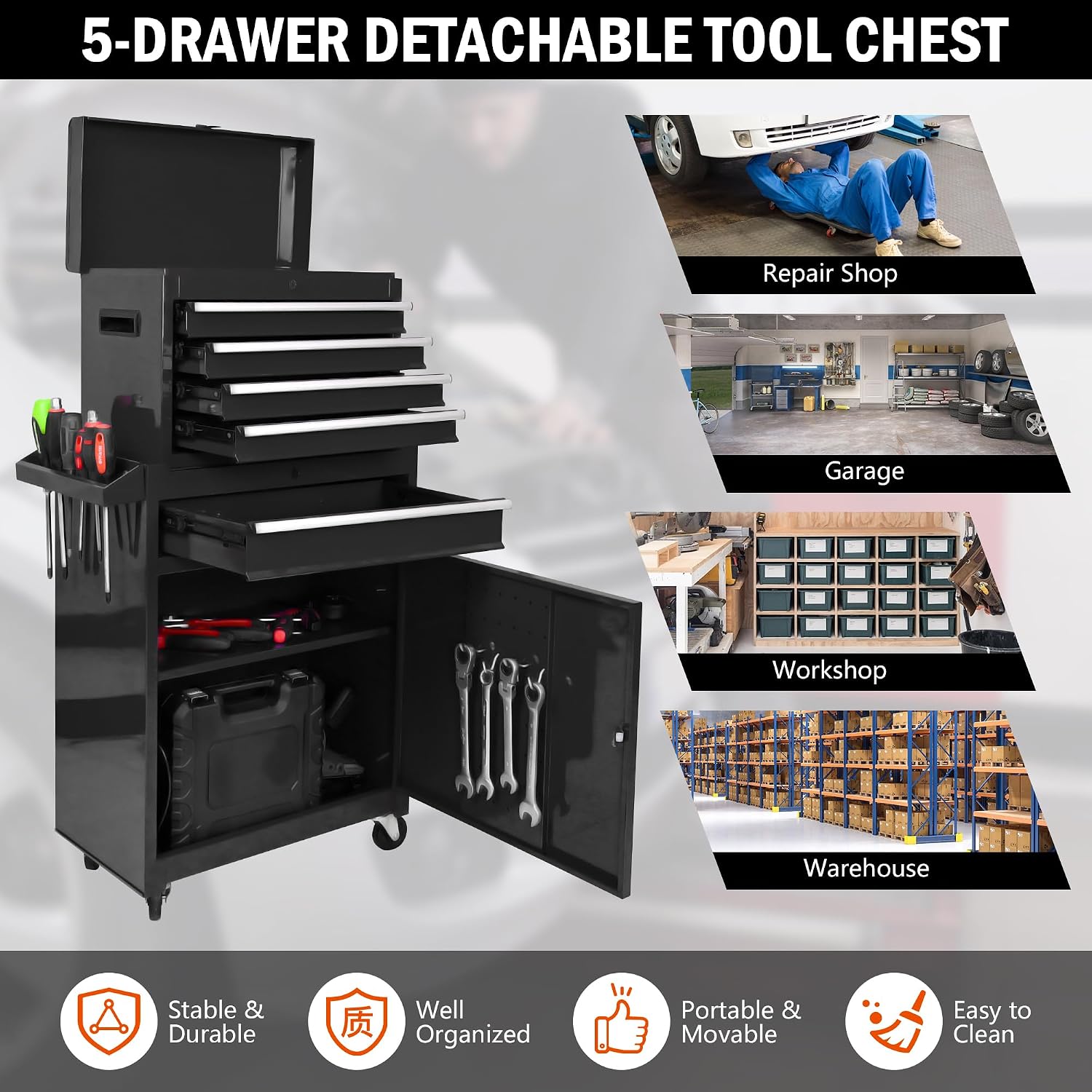 5-Drawer Tool Chest, Rolling Tool Box with Detachable Top Toolbox & Universal Wheels, Tool Cabinet with Lock Bar, Protective Liner & Tool Rack, Metal Storage Cart for Garage,Workshop (Black)