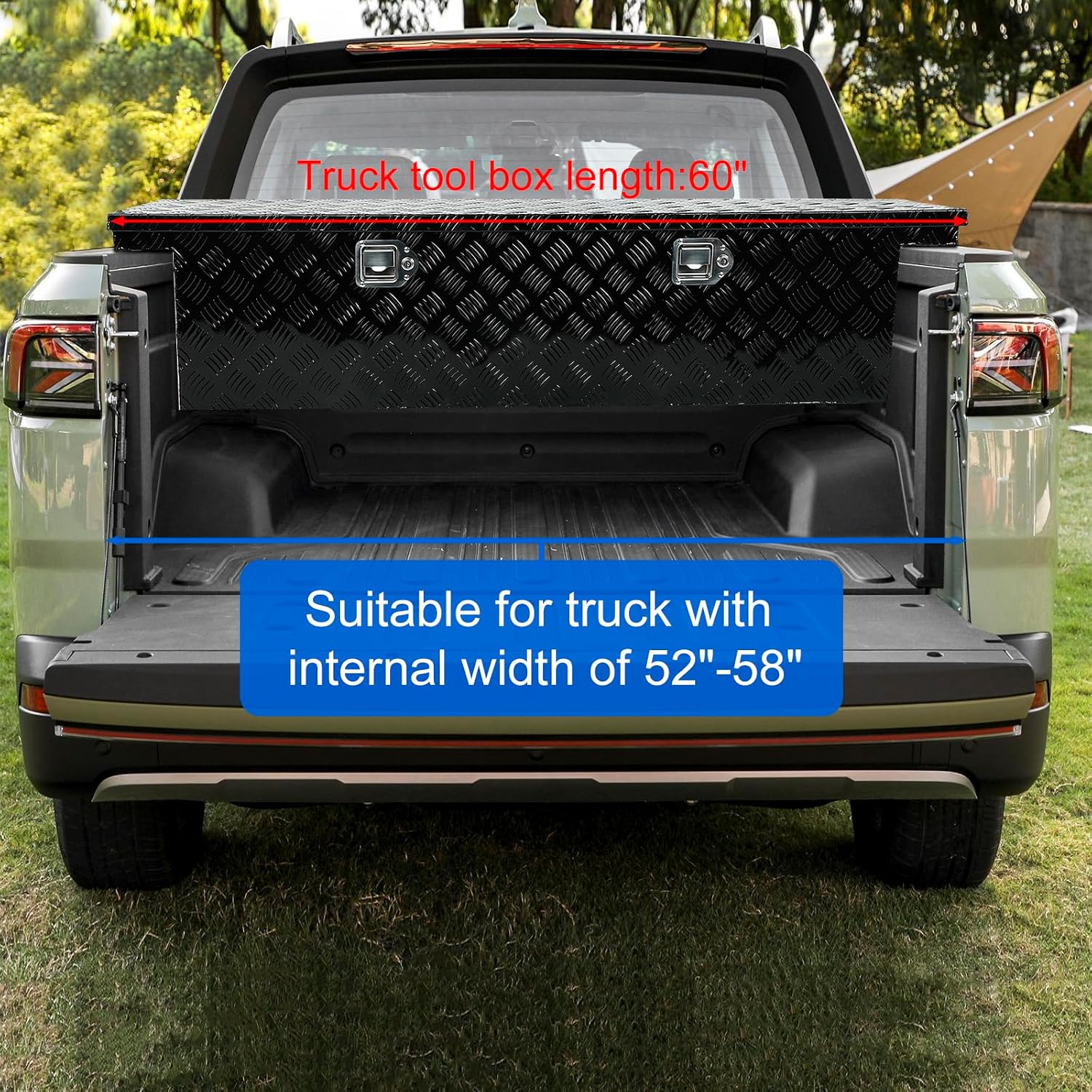 confote 60 Inch Heavy Duty Aluminum Stripes Plated Tool Box Pick Up Truck Bed RV Toolbox Waterproof Storage Organizer with Lock and Key,60'x 12'x 14'-Black