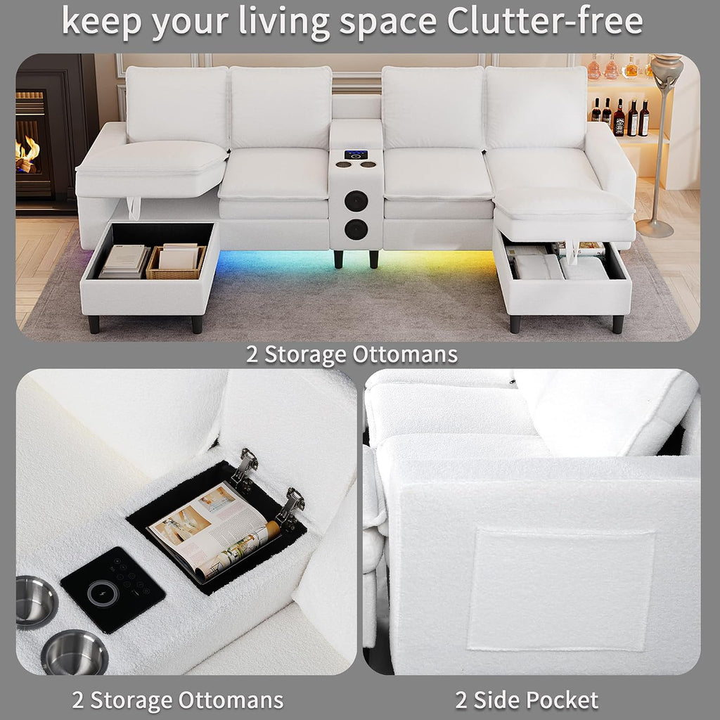 Sectional Couches for Living Room, 4 Seat Sectional Sofa with Smart Module-Bluetooth Speaker/RGB Light/Charging Station, Teddy Fleece U Shaped Cloud Couch with Storage Ottoman (White)