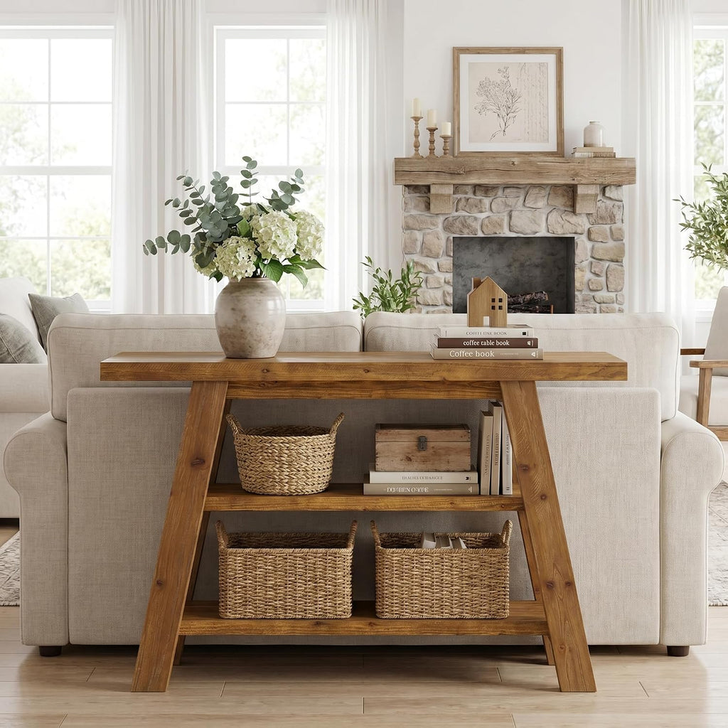 Solid Wood Console Table, 47.24' Farmhouse Narrow Entryway Table with 3-Tier Storage Shelves, Accent Sofa Table for Hallway, Foyer & Living Room (Retro Brown)