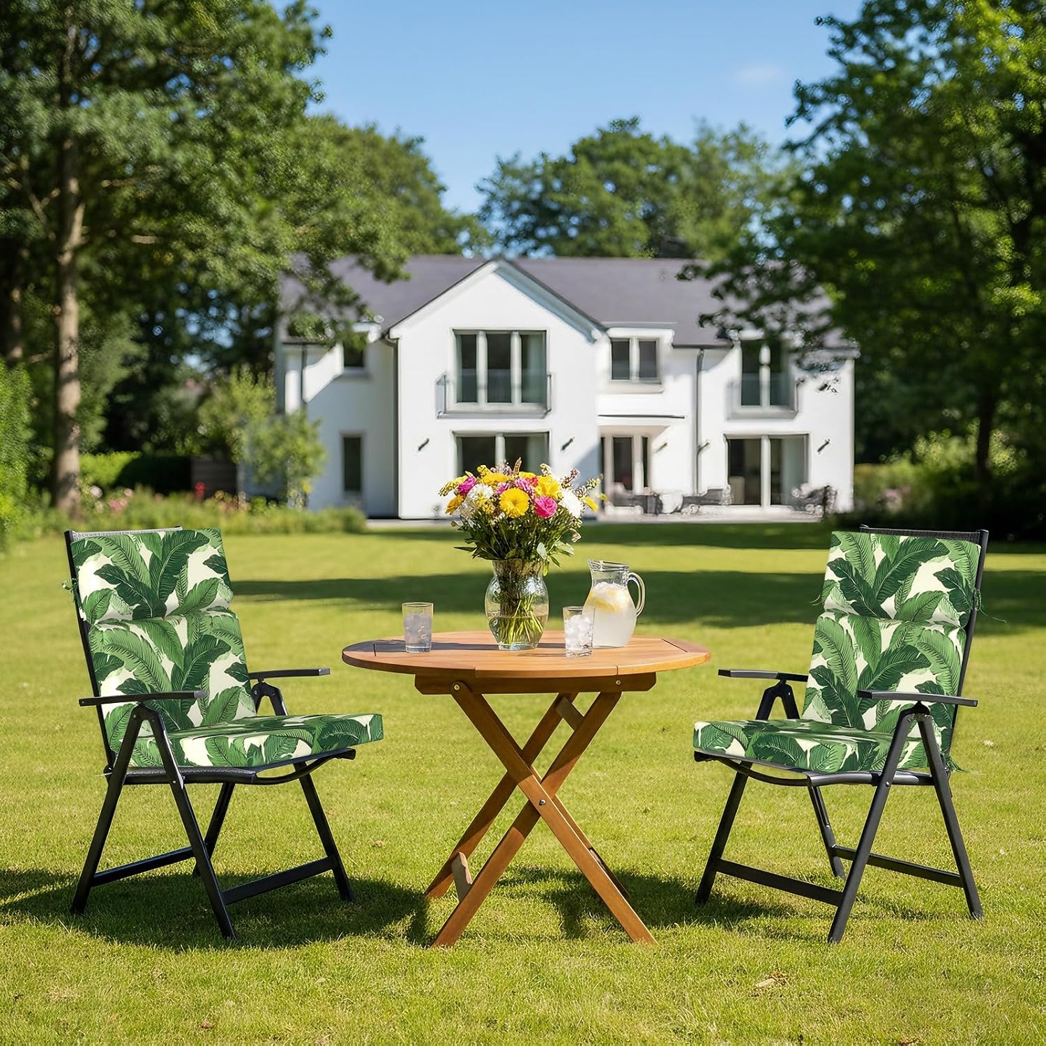 DYTXIII Outdoor High Back Chair Cushions Set of 2, 44'x22' Water Repellent Patio Seat Cushions with Elastic Sponge, All Weather Chair Pads for Rocking, Dining, Patio Furniture - Swaying Palms Green