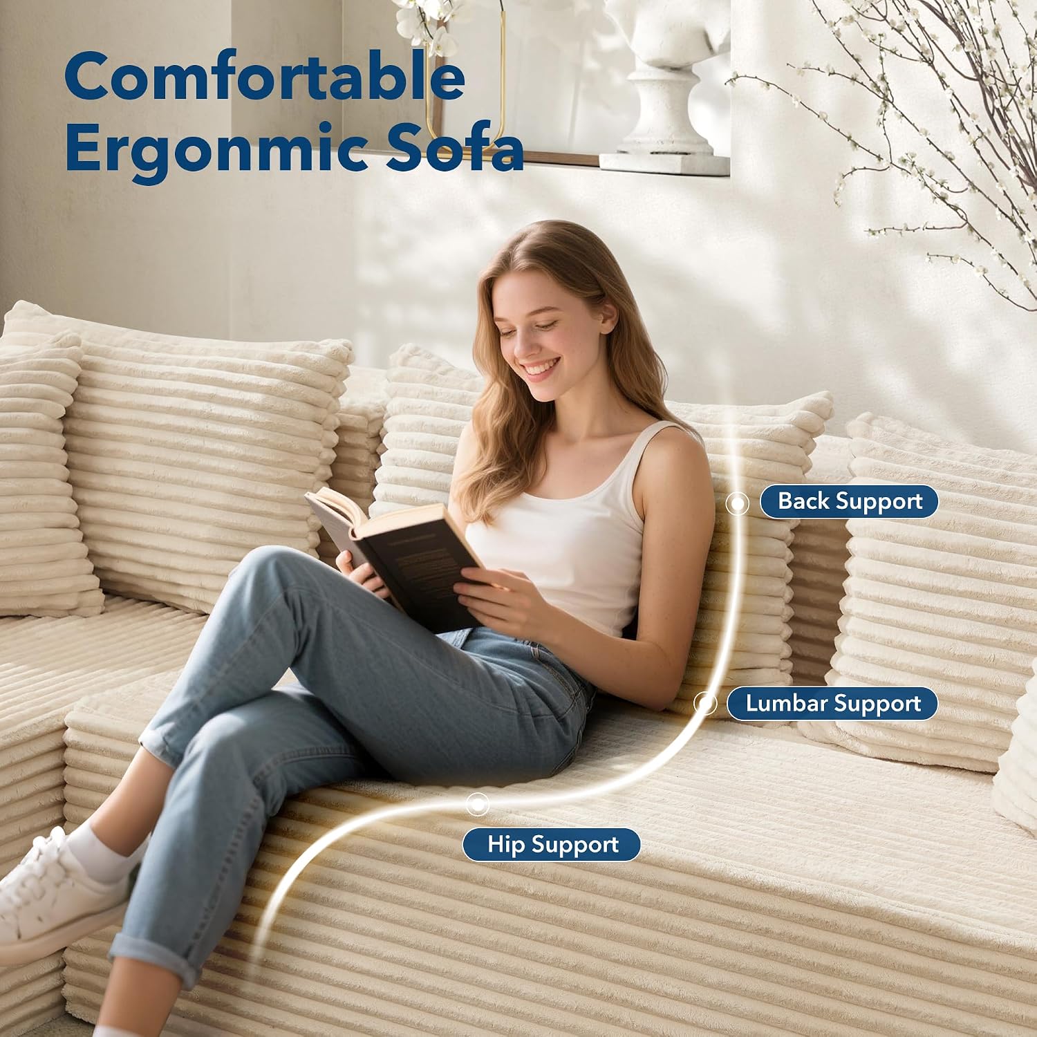 Boneless Couch, 106' Left Corduroy Cloud Couch Sectional，Vacuum Compressed Couch, L-Shaped Modular Sectional Couch with Chaise Lounge, Boneless Couch for Living Room, Comfy Compact Apartment Sofa