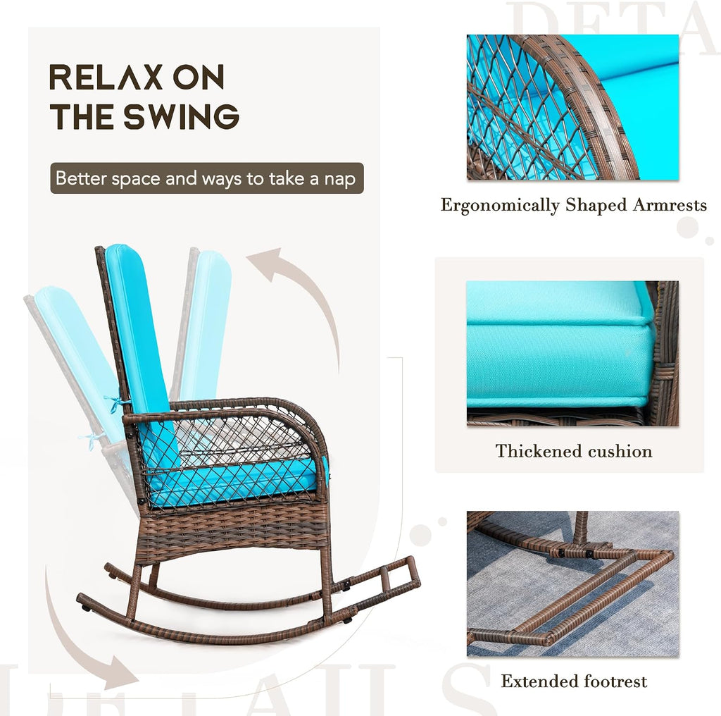 Devoko Outdoor Rocking Chairs 3 Piece Patio Furniture Set with Side Table & Cushions, Wicker Porch Rocker Bistro Set High Back for Balcony, Backyard, Garden (Blue)