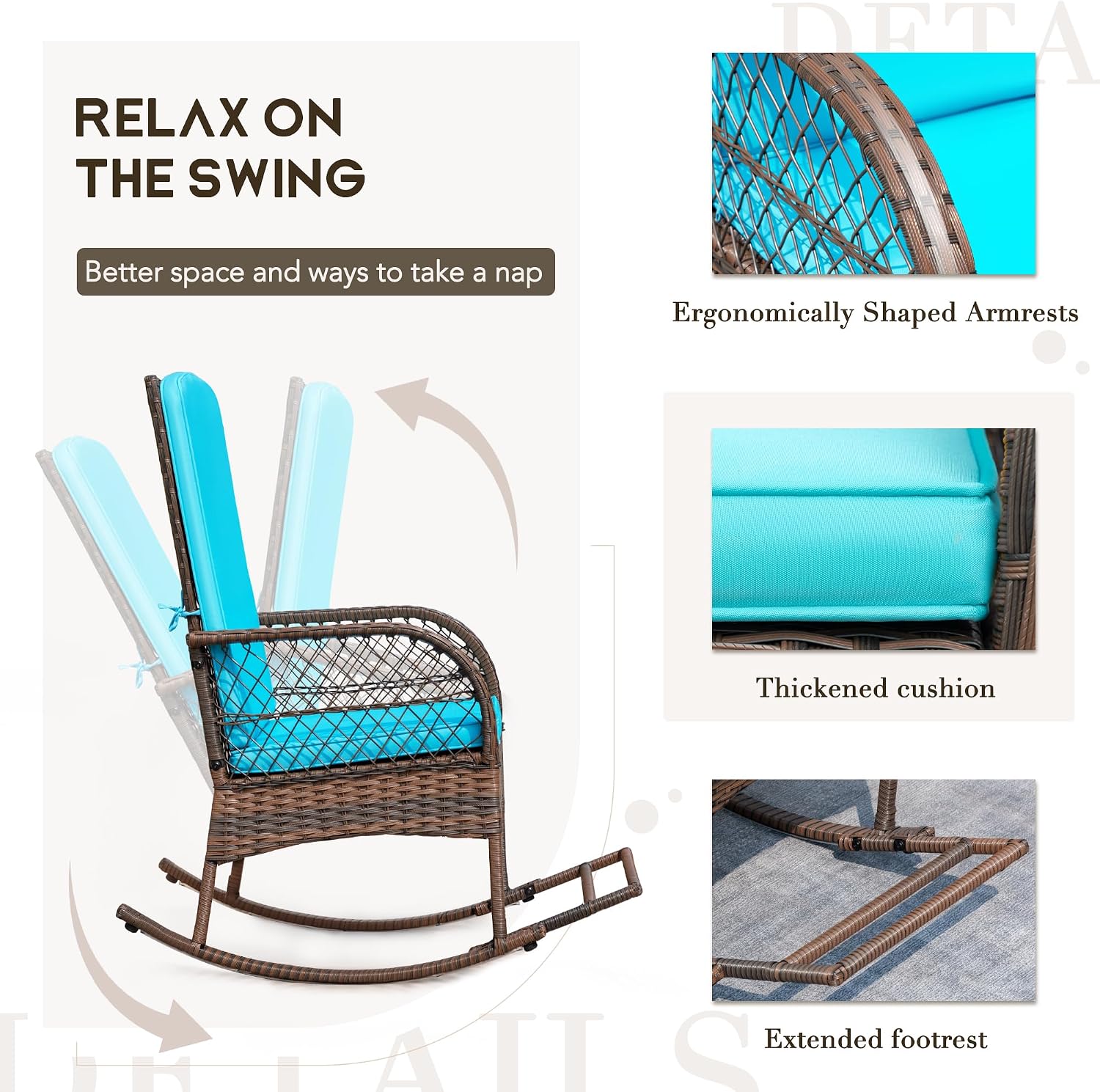 Devoko Outdoor Rocking Chairs 3 Piece Patio Furniture Set with Side Table & Cushions, Wicker Porch Rocker Bistro Set High Back for Balcony, Backyard, Garden (Blue)