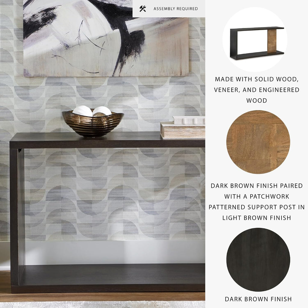 Signature Design by Ashley Camlett Contemporary Console Sofa Table with Shelf and Patchwork Patterned Support Post, Dark Brown & Light Brown