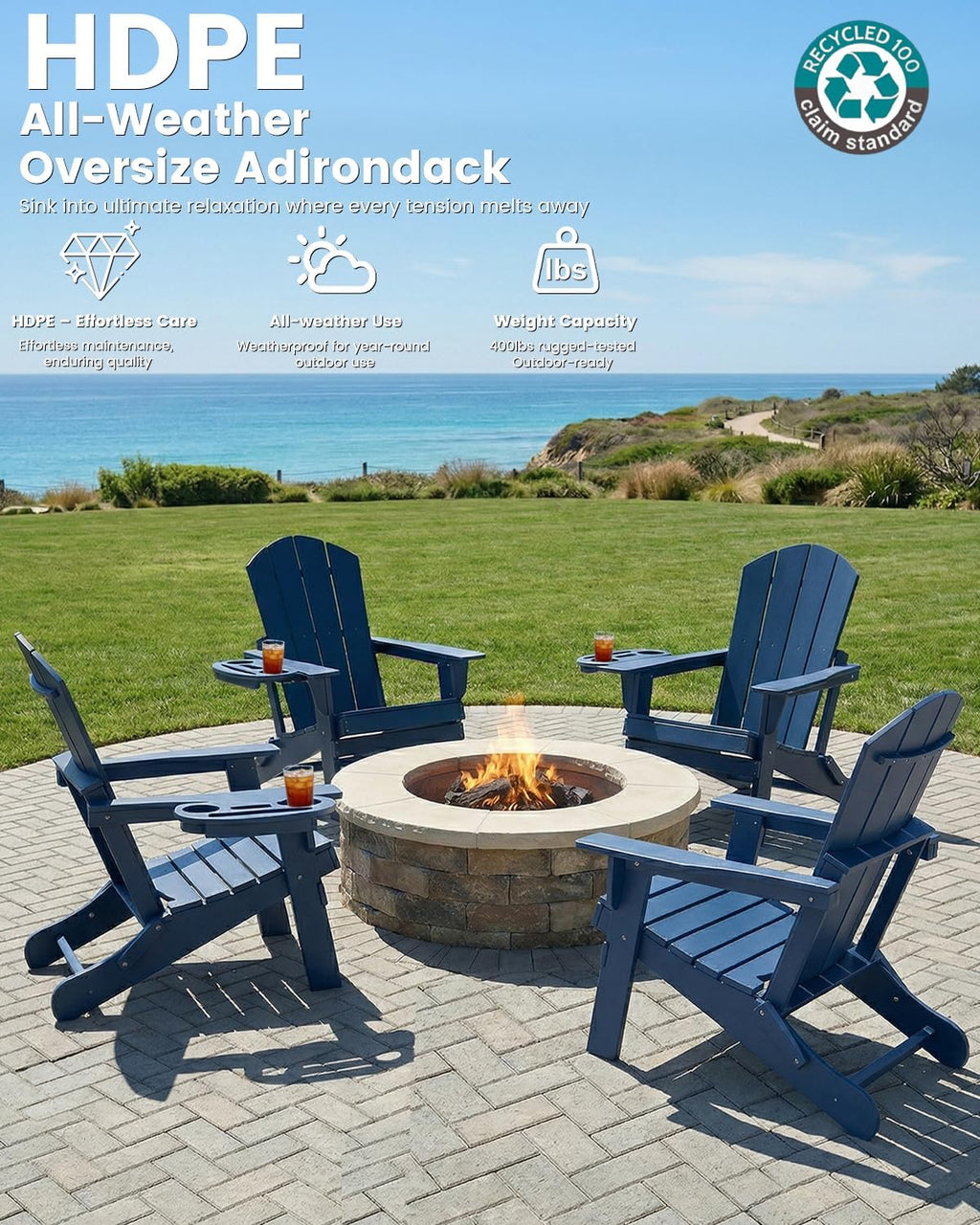 FOOWIN Folding Adirondack Chair Set of 4, HDPE Adirondack Chairs with Cup Holder, Weather Resistant Plastic Fire Pit Chairs for Outdoor, Patio, Lawn, Garden, Backyard, Deck, Dark Blue