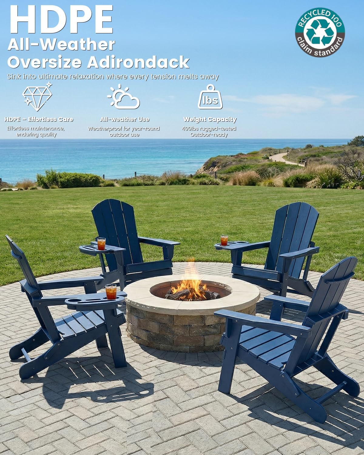 FOOWIN Folding Adirondack Chair Set of 4, HDPE Adirondack Chairs with Cup Holder, Weather Resistant Plastic Fire Pit Chairs for Outdoor, Patio, Lawn, Garden, Backyard, Deck, Dark Blue