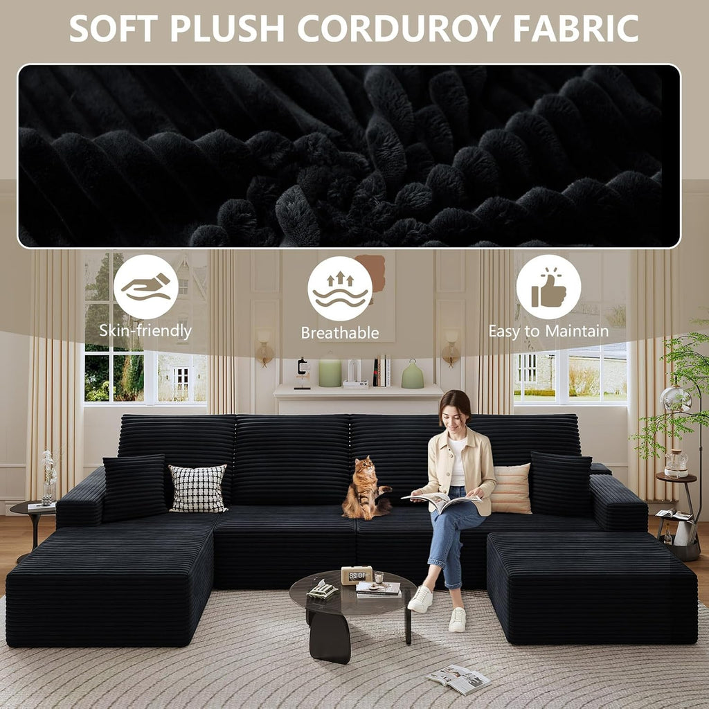 135' Cloud Sectional Couch with U-Shaped Chaise, Corduroy Sectional Sofa with Ottoman, Boneless Couch with Deep Seat in a Box for Living Room, No Assembly Required (Black, Left Facing Chaise)