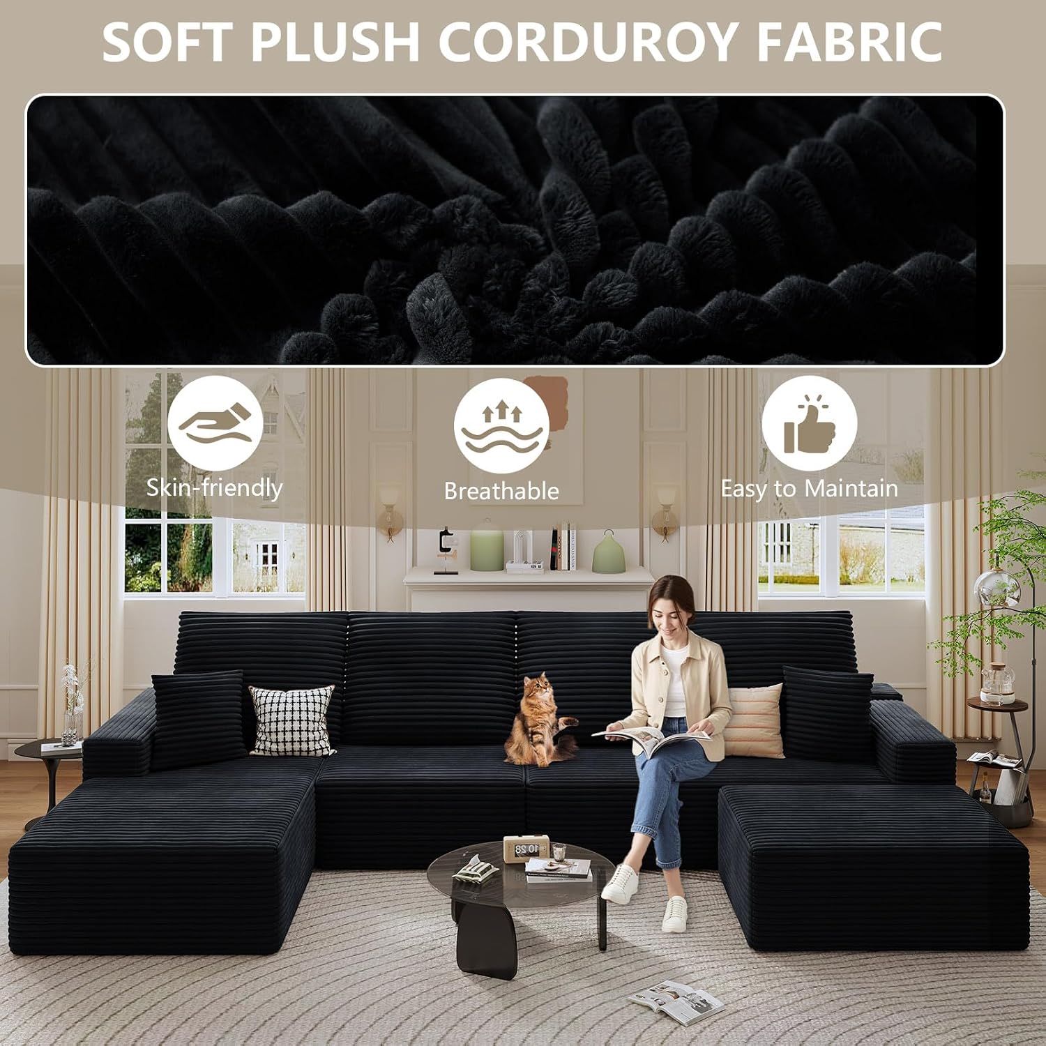 135' Cloud Sectional Couch with U-Shaped Chaise, Corduroy Sectional Sofa with Ottoman, Boneless Couch with Deep Seat in a Box for Living Room, No Assembly Required (Black, Left Facing Chaise)