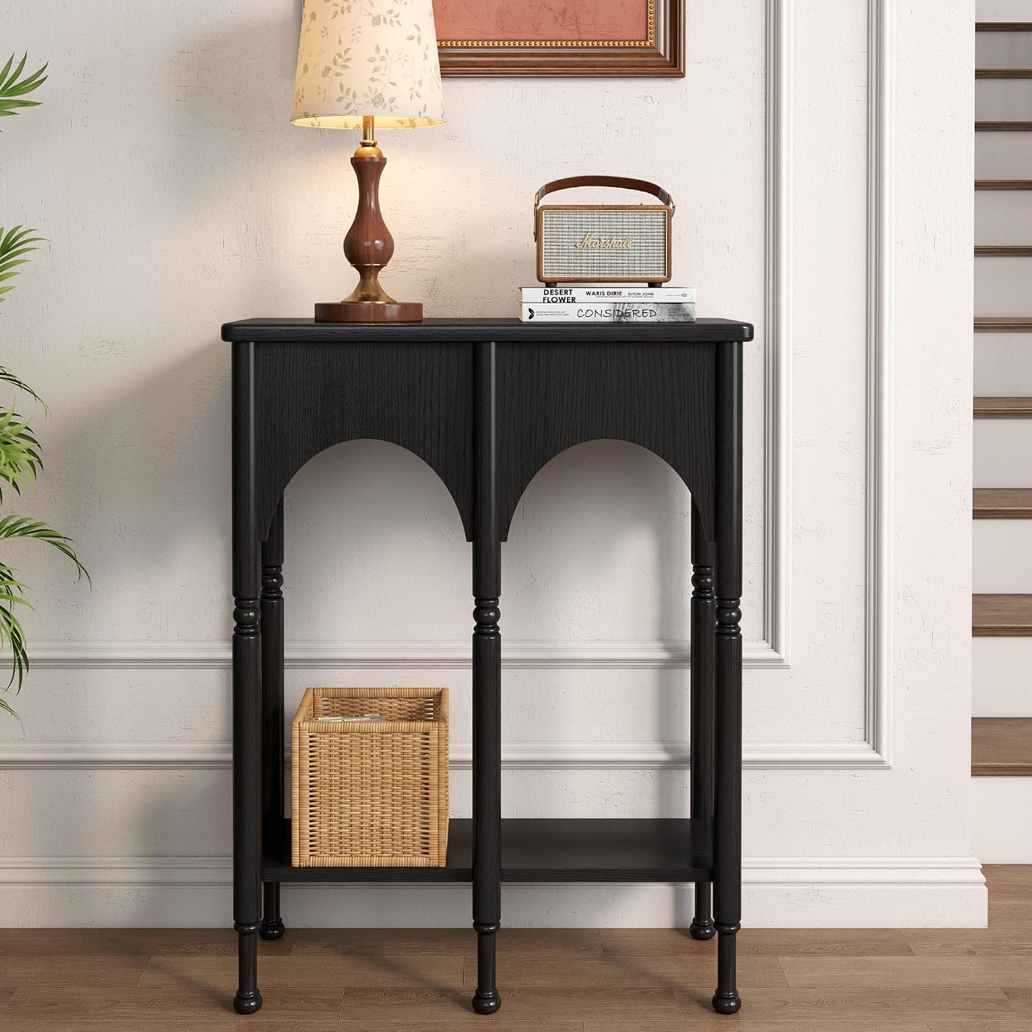 Console Table with Storage Shelf Set of 2, Retro Modern 2-Tier Entryway Table, Narrow Sofa Table with Roman-Style Legs for Living Room, Hallway, Black