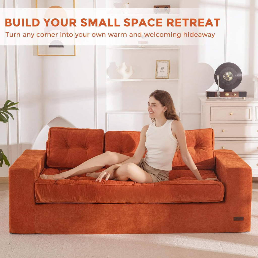 MAXYOYO Boneless Sofa Couch, 75' Oversized Loveseat Sofa, Tufted Floor Couch Bean Bag Chair for Living Room Bedroom Apartment, Sofa in a Box, No Assembly Needed, Orange