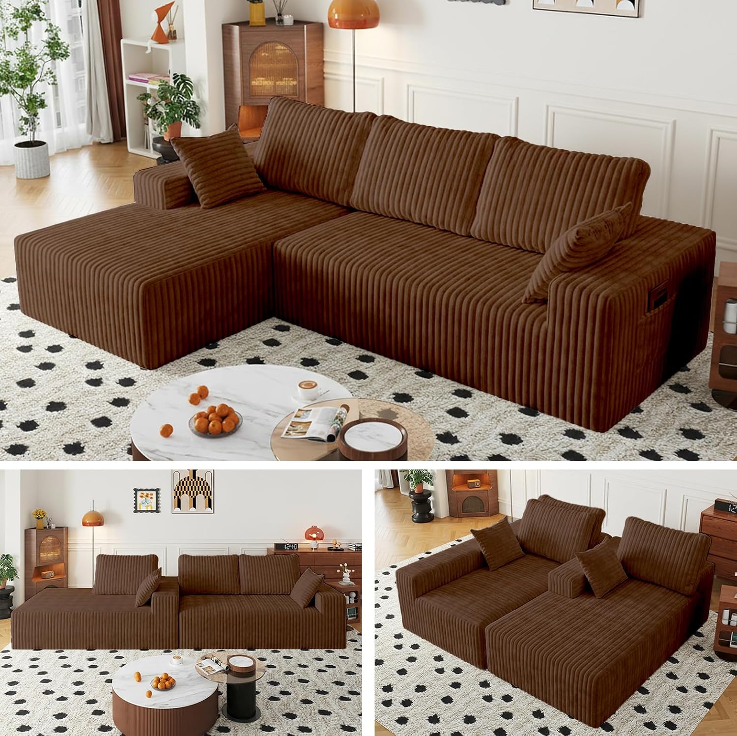 108' Brown Modular Sectional Cloud Couch for Living Room Deep Seat L Shapes Boneless Couch with Oversized Chaise Lounge, Comfy Memory Foam Flannel Fabric Sofa for Bedroom Apartment,