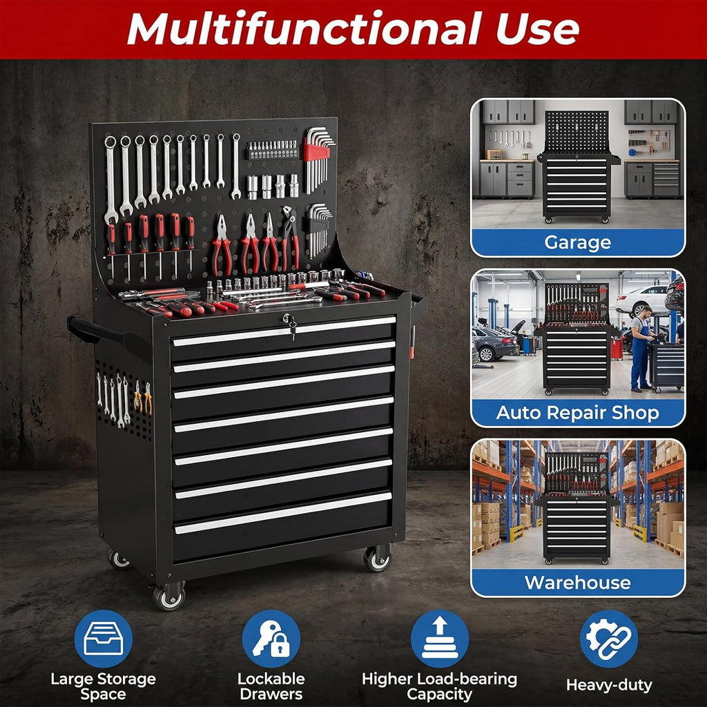 7-Drawer Tool Chest on Wheels, Rolling Metal Toolbox with Wheels & Drawers, Tool Cart Cabinet, Suitable for Garage, Moving/Gift/Daily Use