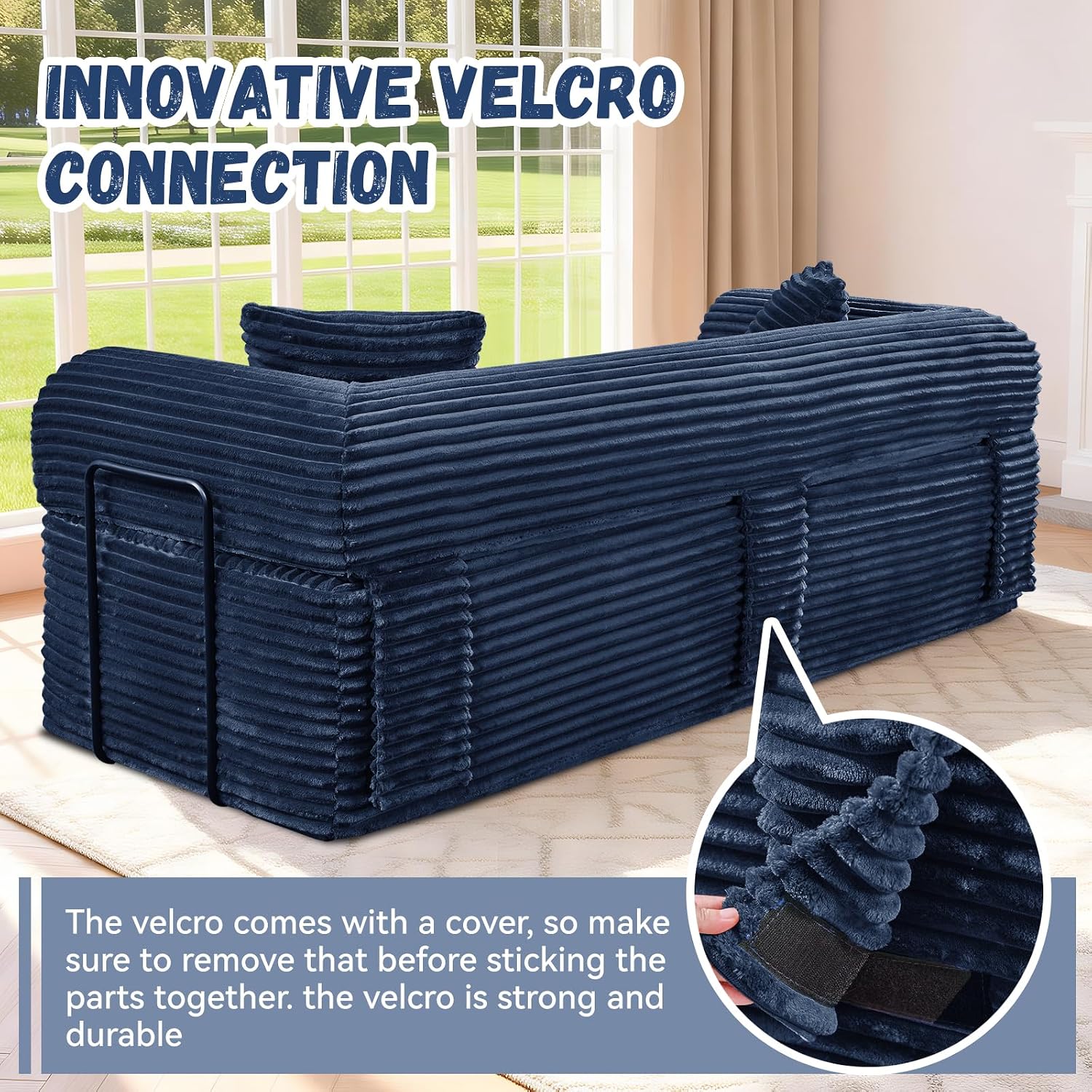 3 Seater Sofa Couch for Living Room (Blue, 30' D + 2 Pillows +Fixed-Shape Frame)