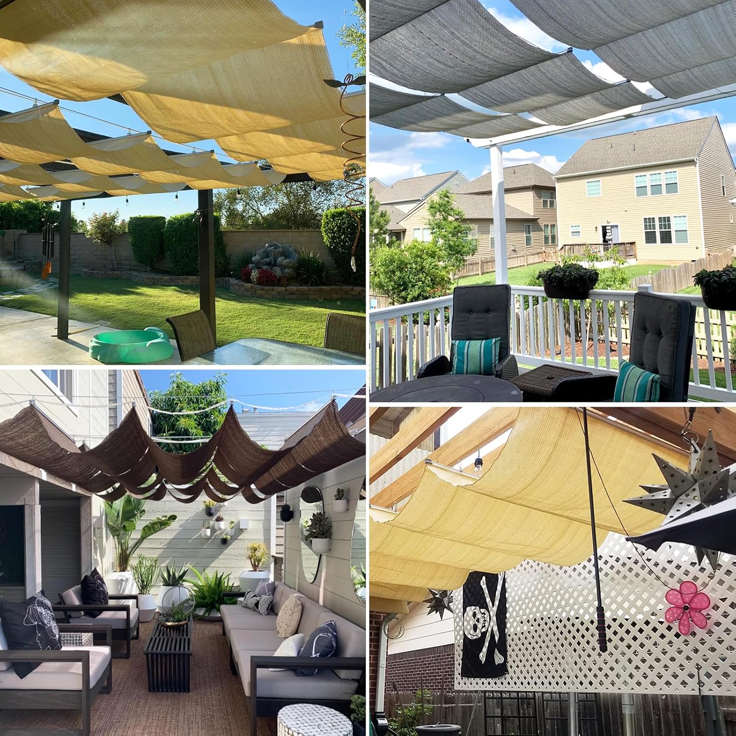 TANG 4' x 8' Pergola Cover Shade Canopy, Retractable Awning Sun Shades Outdoor Patio Pergolas Kit for Deck Backyard Gazebo, Wave Shade Sail with Hardware Wire Cable, Beige