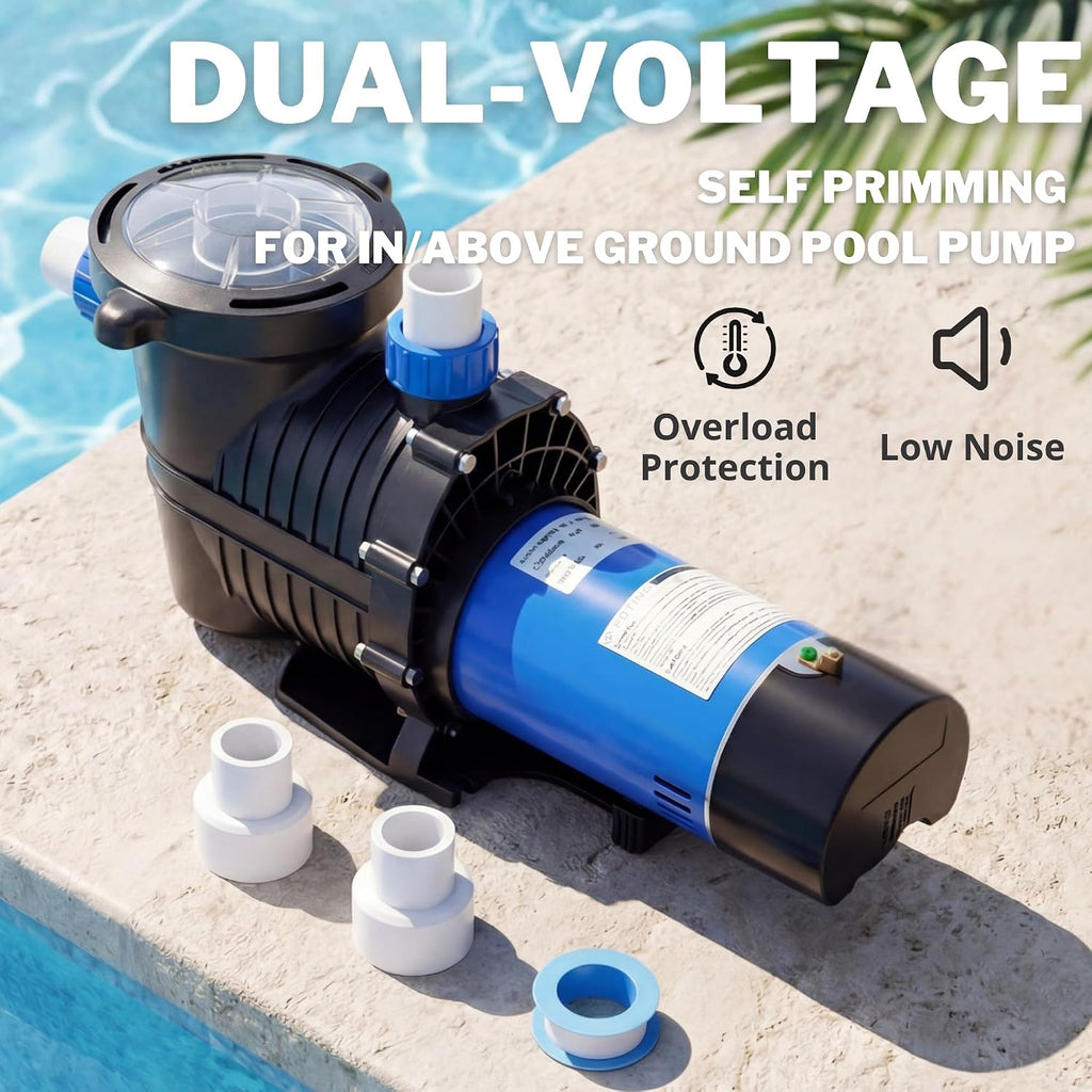 FOTING In/Above Ground Pool Pump, Self Primming Pool Pump High Flow 1.5' & 2' NPT Inlet Connectors, Dark Blue&Black