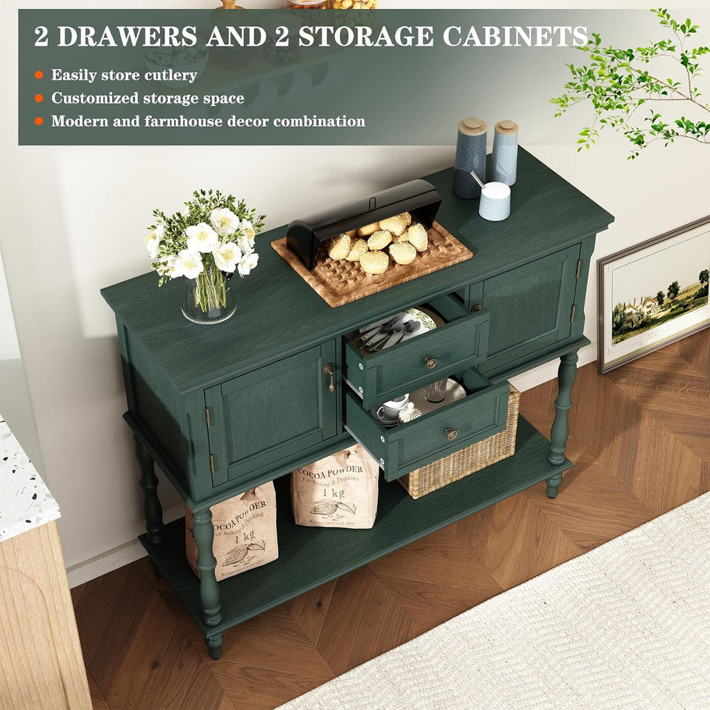 ARTPOWER Console Table with 2 Drawers, Retro Entryway Table with 2 Door Cabinets and Open Storage Shelf, Narrow Long Behind Couch Sofa Table for Living Room, Foyer, Hallway, Green