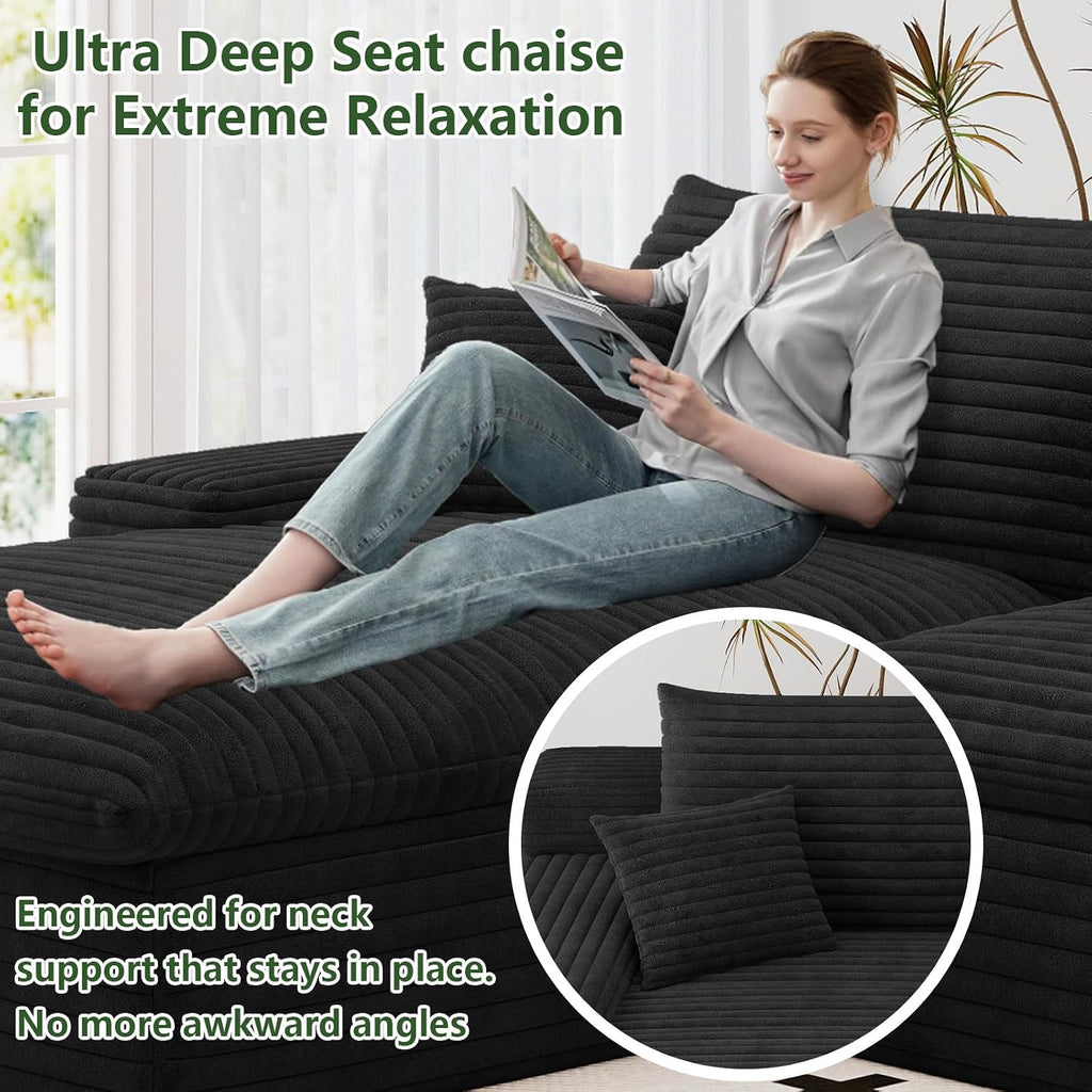 107' Cloud Couch Modular Sectional Sofa for Living Room, U-Shape Boneless Couch with Deep Seat, Modern Corduroy 3-Seater with Ottoman, No Assembly Required (Black,Left-Facing Chaise)