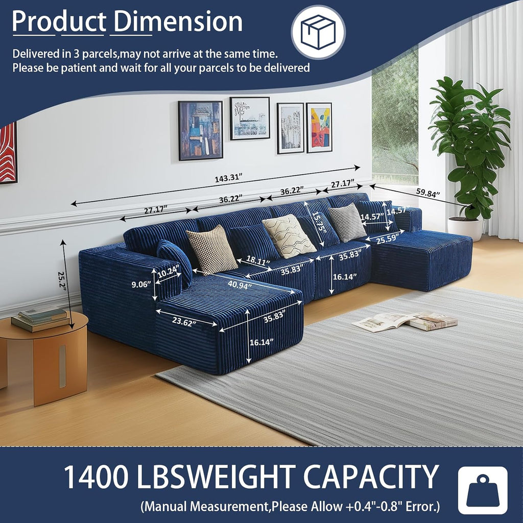 143' Oversized Cloud Boneless Couch with Chaise, Modern Modular Sofa with Deep Seat, Various Combinations Upholstered Couches for Living Room, No Assembly Required, Blue