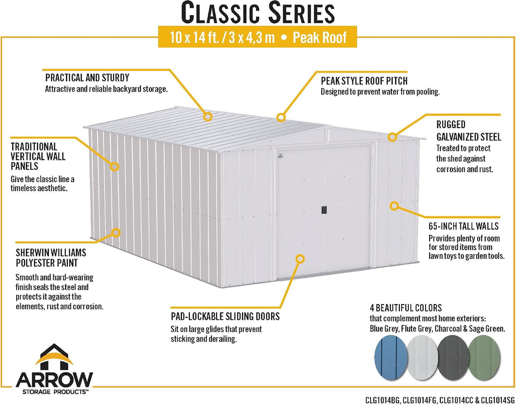 Arrow Classic Steel Storage Shed, 10x14, Blue Grey