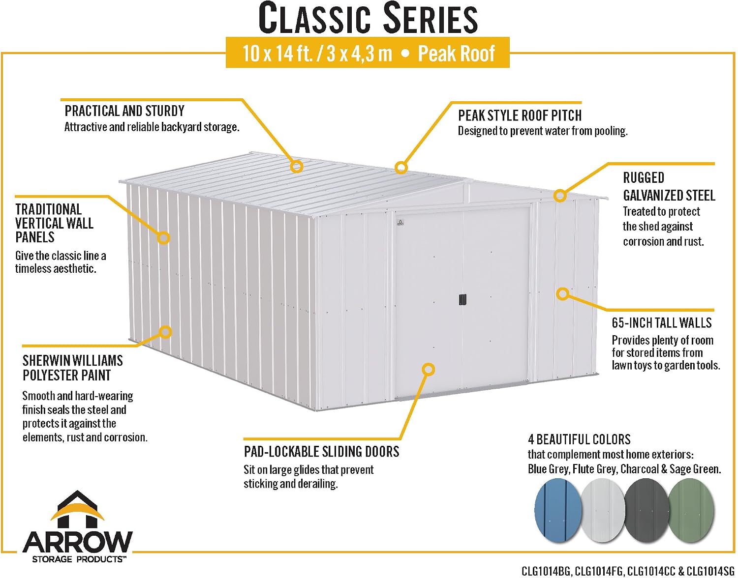 Arrow Classic Steel Storage Shed, 10x14, Blue Grey