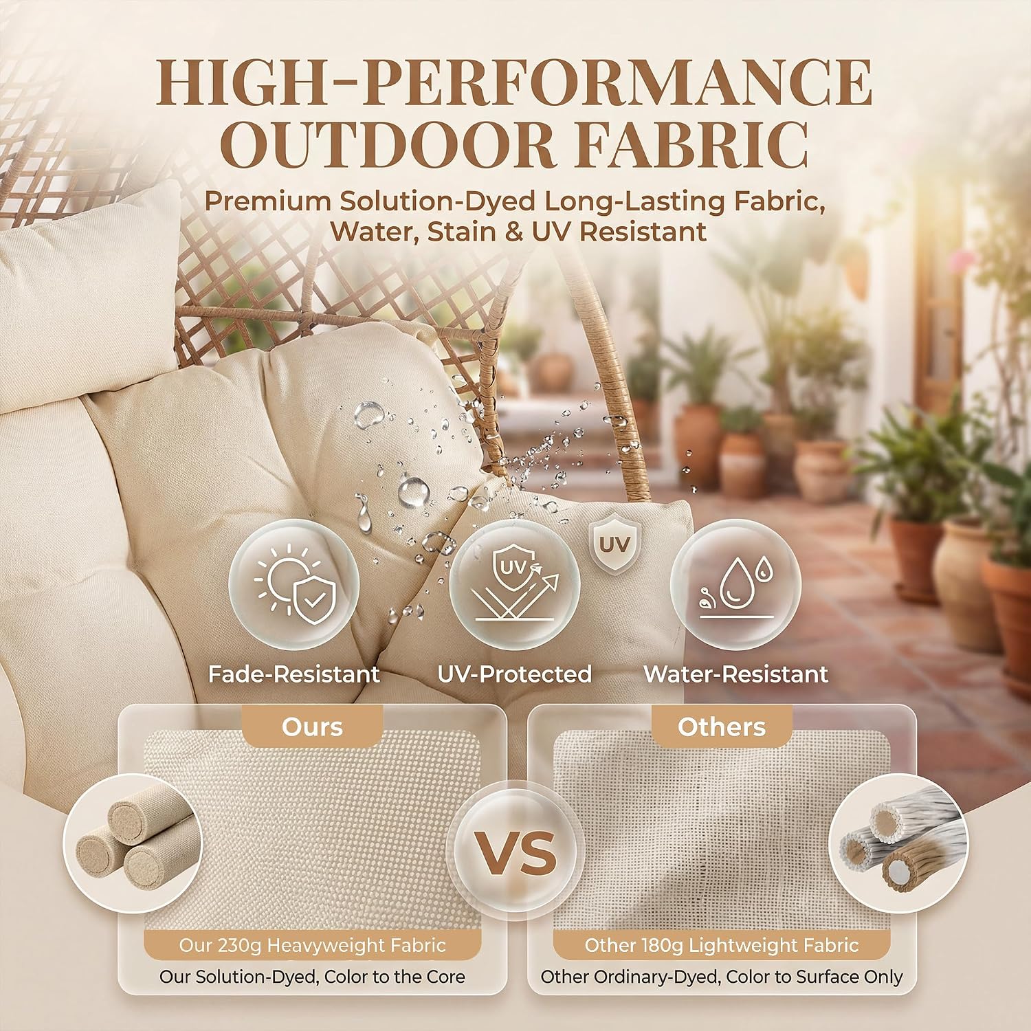 RADIATA Egg Chair with Footrest, Wicker Patio Lounger with Ottoman, Oversized Rattan Egg Shaped Chair with Leg for Indoor Outdoor Patio Balcony Garden (Beige)