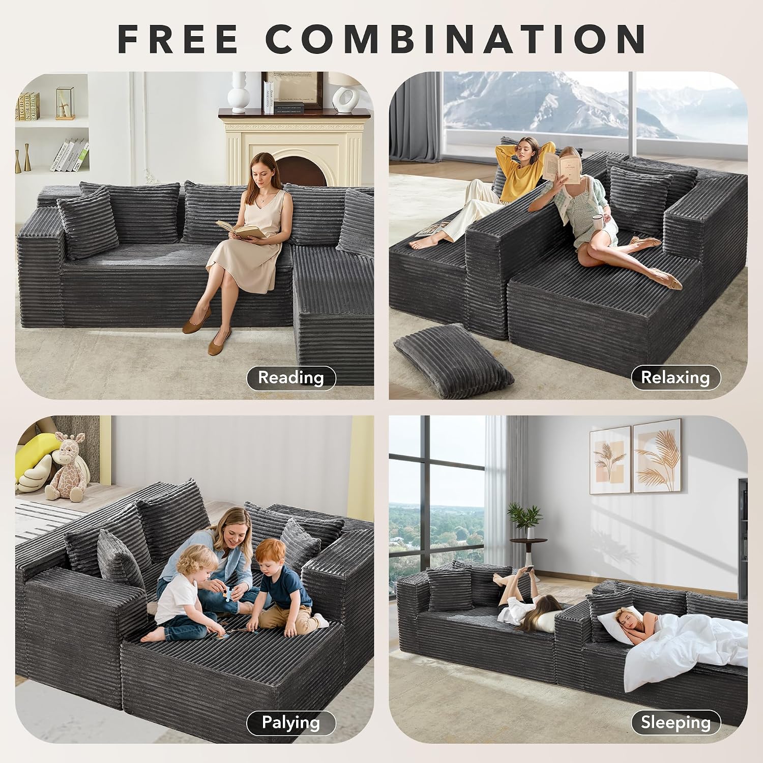 Modular Sectional Sofa Cloud Sectional Couch, 106' Comfy L Shaped Black Couches for Living Room,Oversized Sofa Sleeper with Deep Seat, No Assembly Required