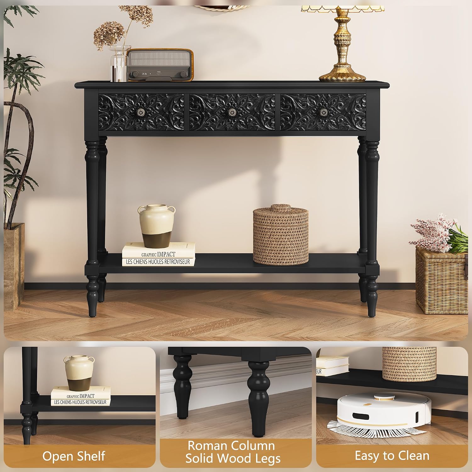 3More Entryway Console Table with 3 Drawers,42' Carved Hallway Table with Open Shelf,Long Sofa Table for Living Room, Hallway, Behind Couch,Black