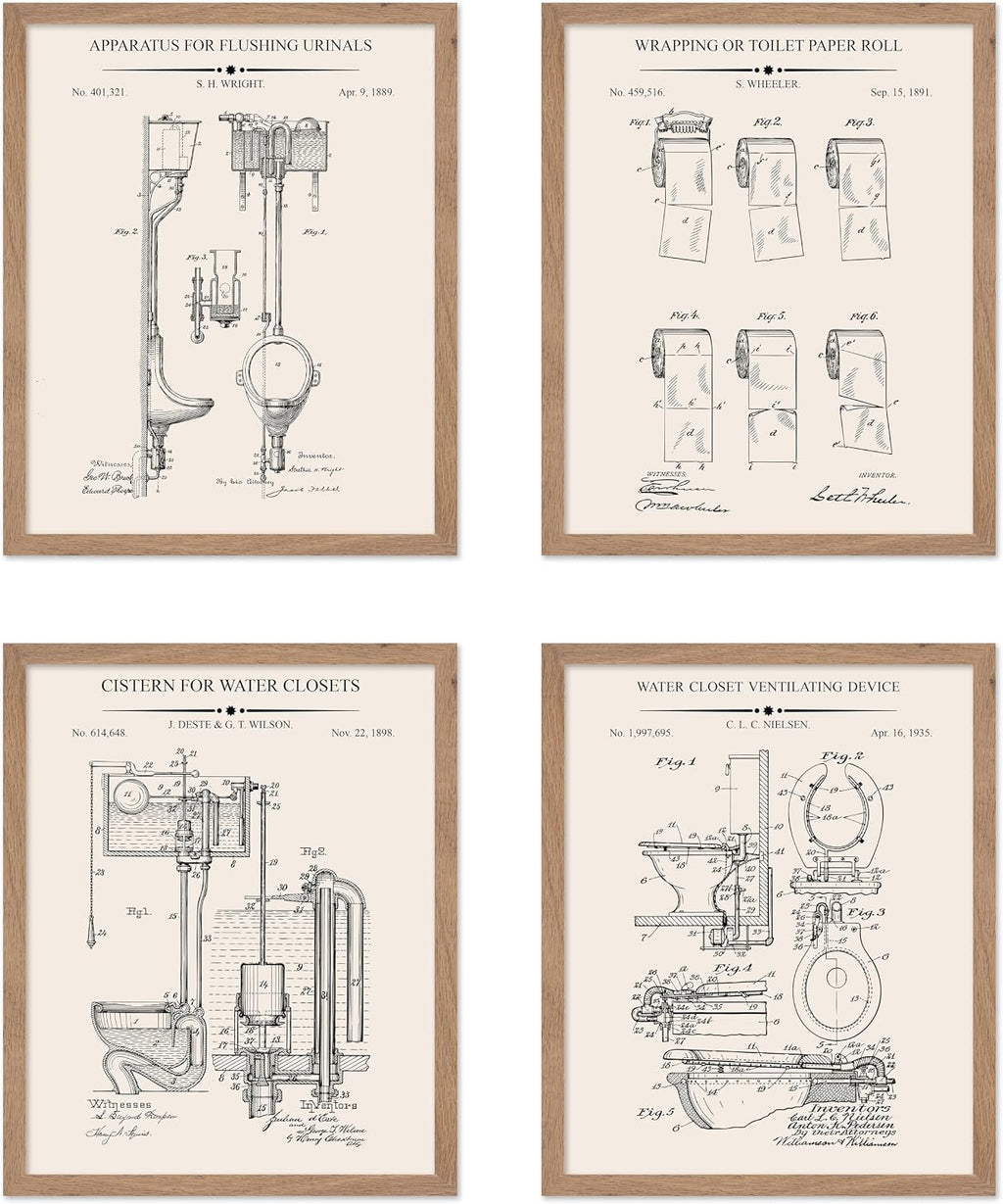 Poster Master 4-Piece Toilet Paper Rolls Blueprint Poster - Water Closet Patent Print - Toilet Art - Bathroom Art - Toilet Paper Art -Technical Drawing Art - Bathroom Decor, 11x14 Beige Framed