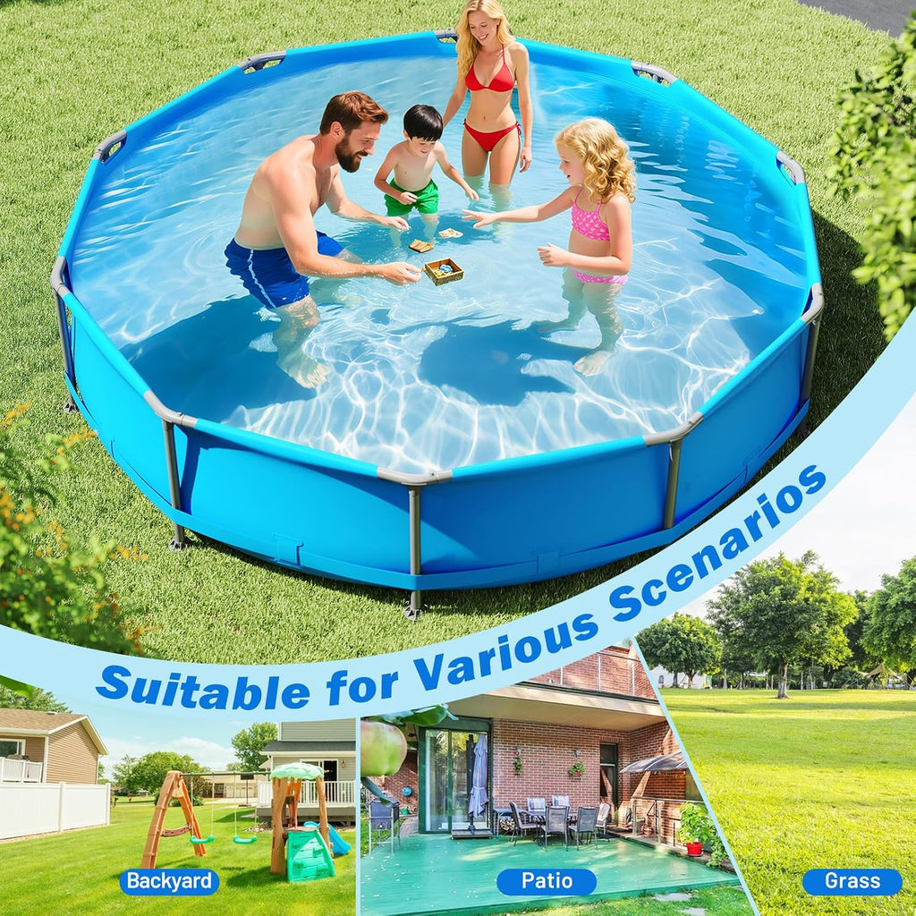 Moccha 12' x 12' Round Above Ground Pool - Metal Frame Family Pool Set with PVC Fabric, 3 Stoppers & Drainage Valve Connector, Outdoor Backyard Swimming Pool, 1617 Gallons of Water