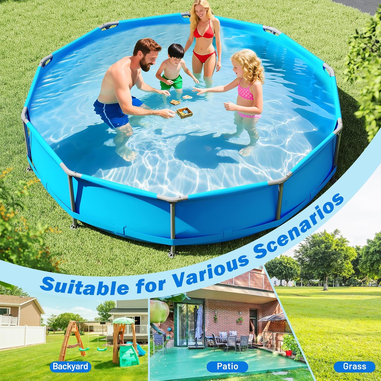 Moccha 12' x 12' Round Above Ground Pool - Metal Frame Family Pool Set with PVC Fabric, 3 Stoppers & Drainage Valve Connector, Outdoor Backyard Swimming Pool, 1617 Gallons of Water