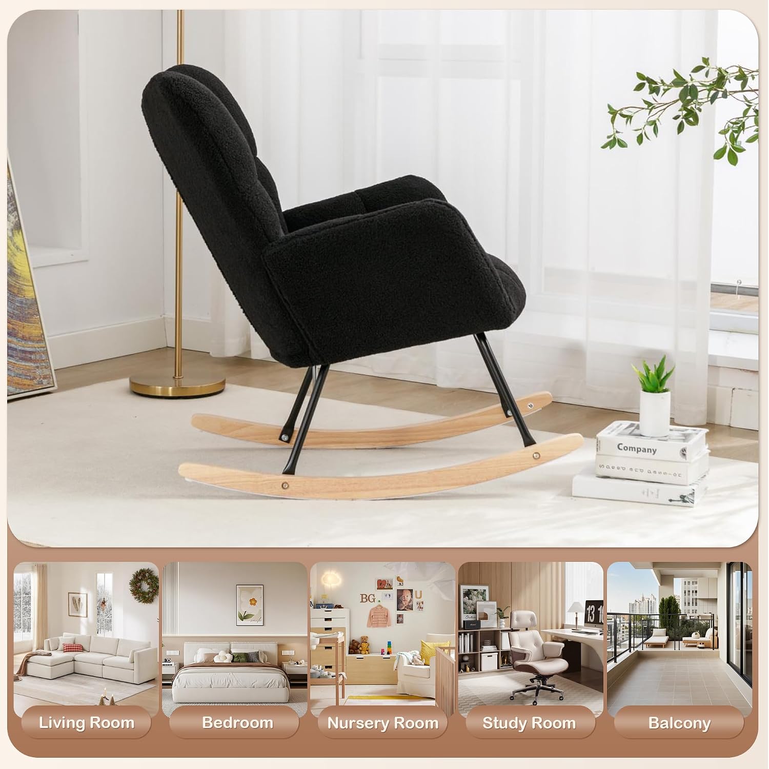 Setawix Teddy Fabric Rocking Accent Chair,Mid Century Modern Rocking Glider Armchair,Leisure Tufted Rocker Arm Chair for Nursery,Bedroom,Living Room (Teddy Black, 27.6')