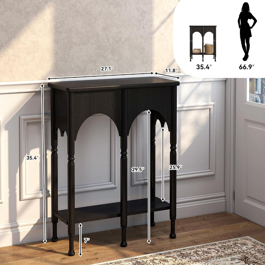 Console Table with Storage Shelf Set of 2, Retro Modern 2-Tier Entryway Table, Narrow Sofa Table with Roman-Style Legs for Living Room, Hallway, Black