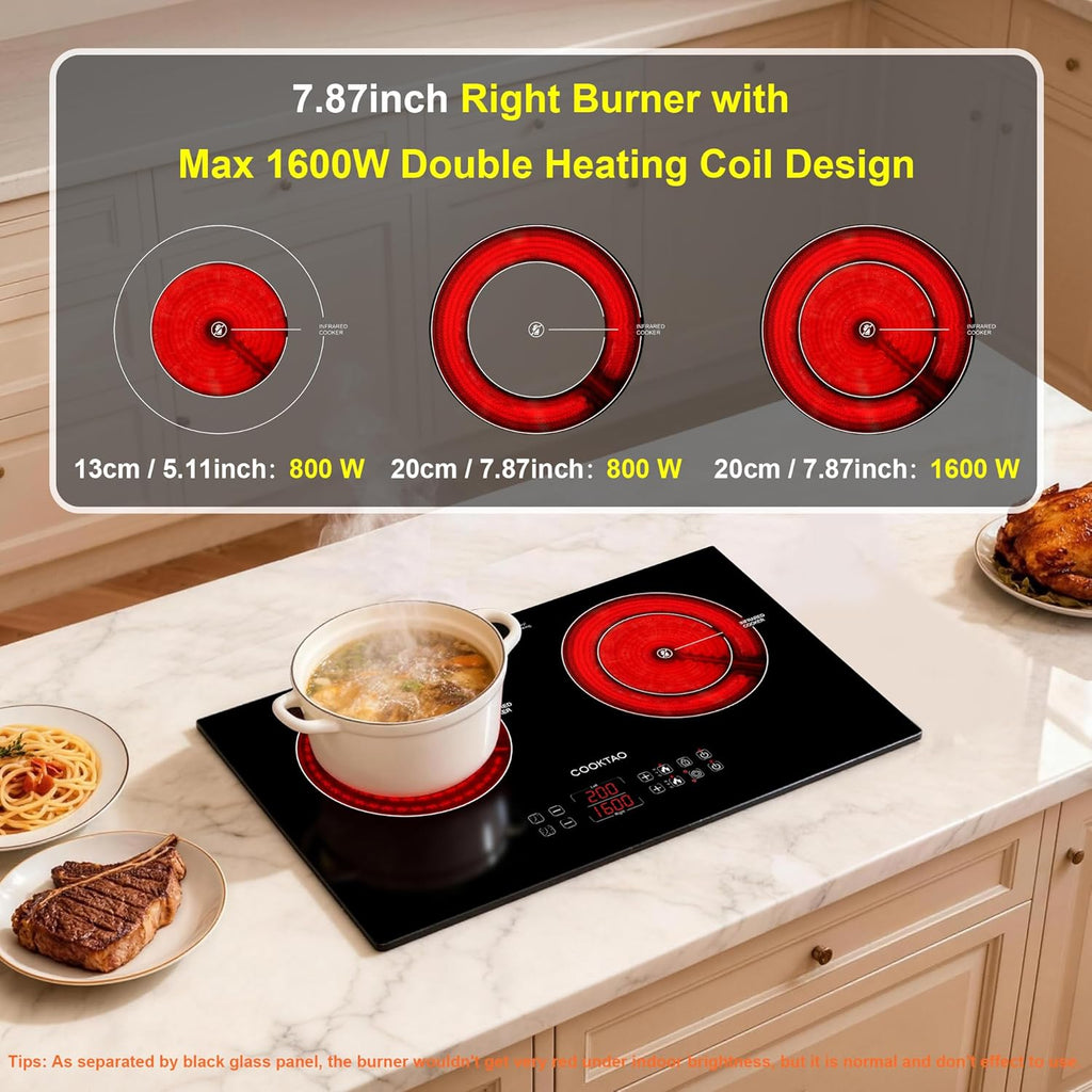 Dual Coils Design of Double Burner Electric Cooktop, 1800W Commercial Ceramic Infrared Cooking Hot Plate, Portable Countertop or 24in Built-in Radiant Stove Top Cooker with WATT n TEMP Heating Control