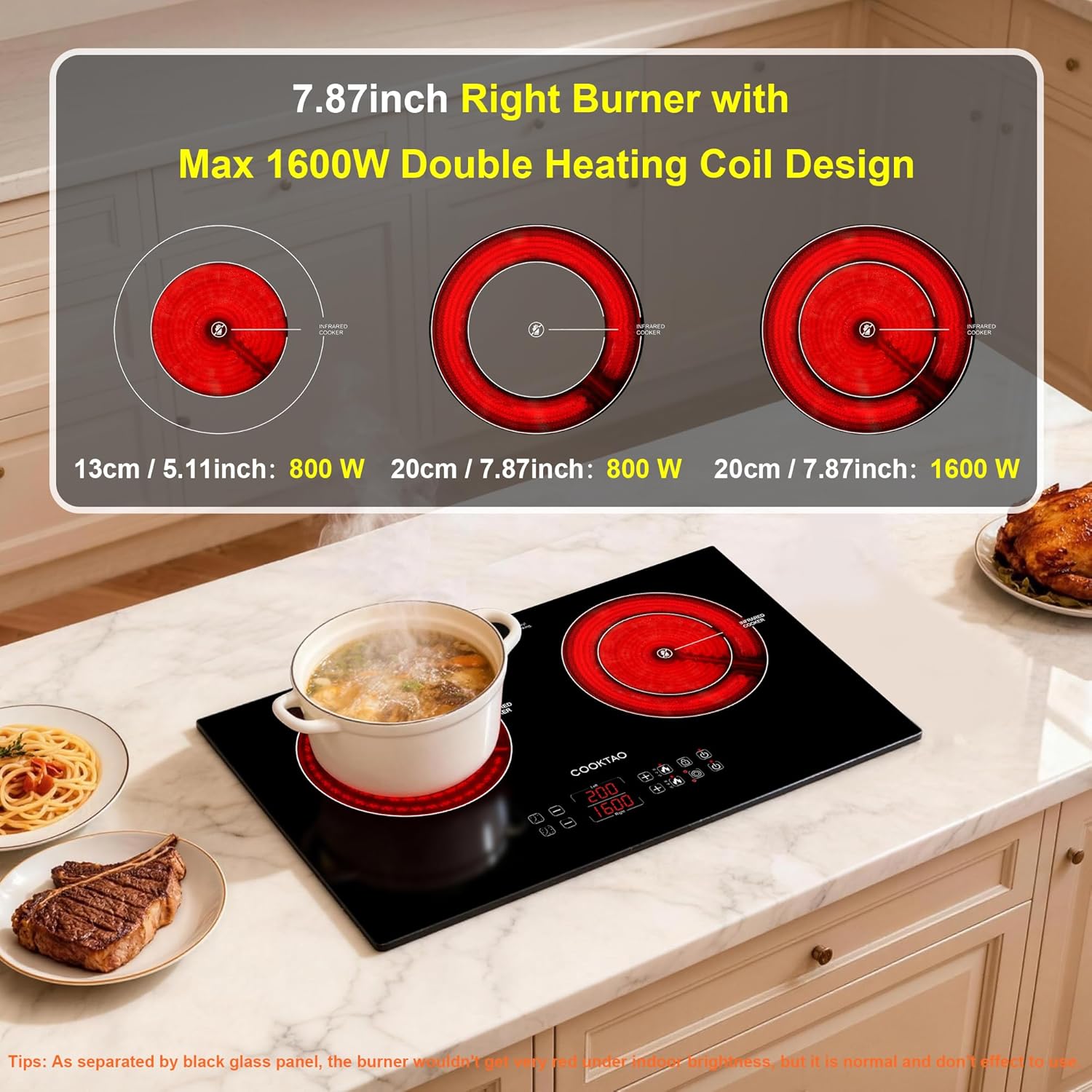 Dual Coils Design of Double Burner Electric Cooktop, 1800W Commercial Ceramic Infrared Cooking Hot Plate, Portable Countertop or 24in Built-in Radiant Stove Top Cooker with WATT n TEMP Heating Control