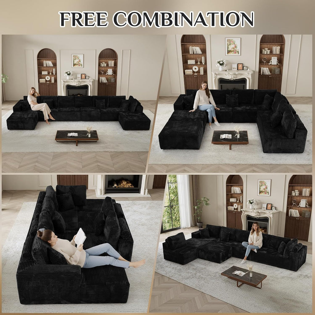 177' Oversized U Shaped Sectional Couch for Living Room, Extra Large Boneless Cloud Couches with Deep Seat Chaise Ottoman, Plush Corduroy 8 Seater Modular Sectional Sofa Set, Black