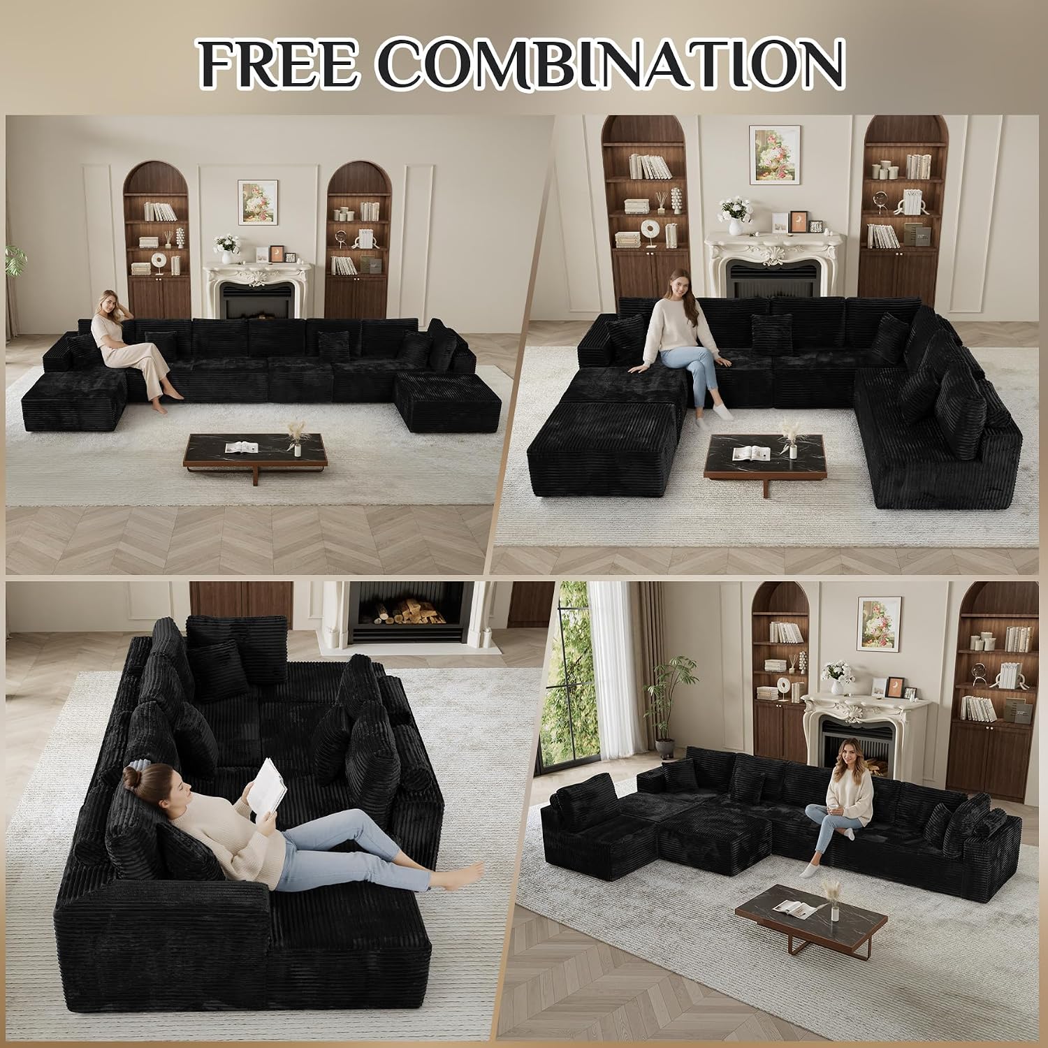 177' Oversized U Shaped Sectional Couch for Living Room, Extra Large Boneless Cloud Couches with Deep Seat Chaise Ottoman, Plush Corduroy 8 Seater Modular Sectional Sofa Set, Black