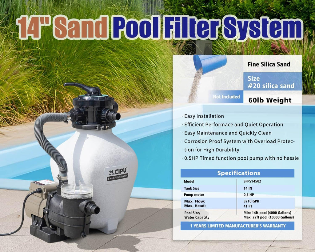 CIPU 14 inch Sand Filter Pump System Handy 6-Way Valve for Above Ground Pools with 0.5HP Prefilter Pool Pump with Timer 115V 25FT Inline GFCI Power Cord for Easy Installation