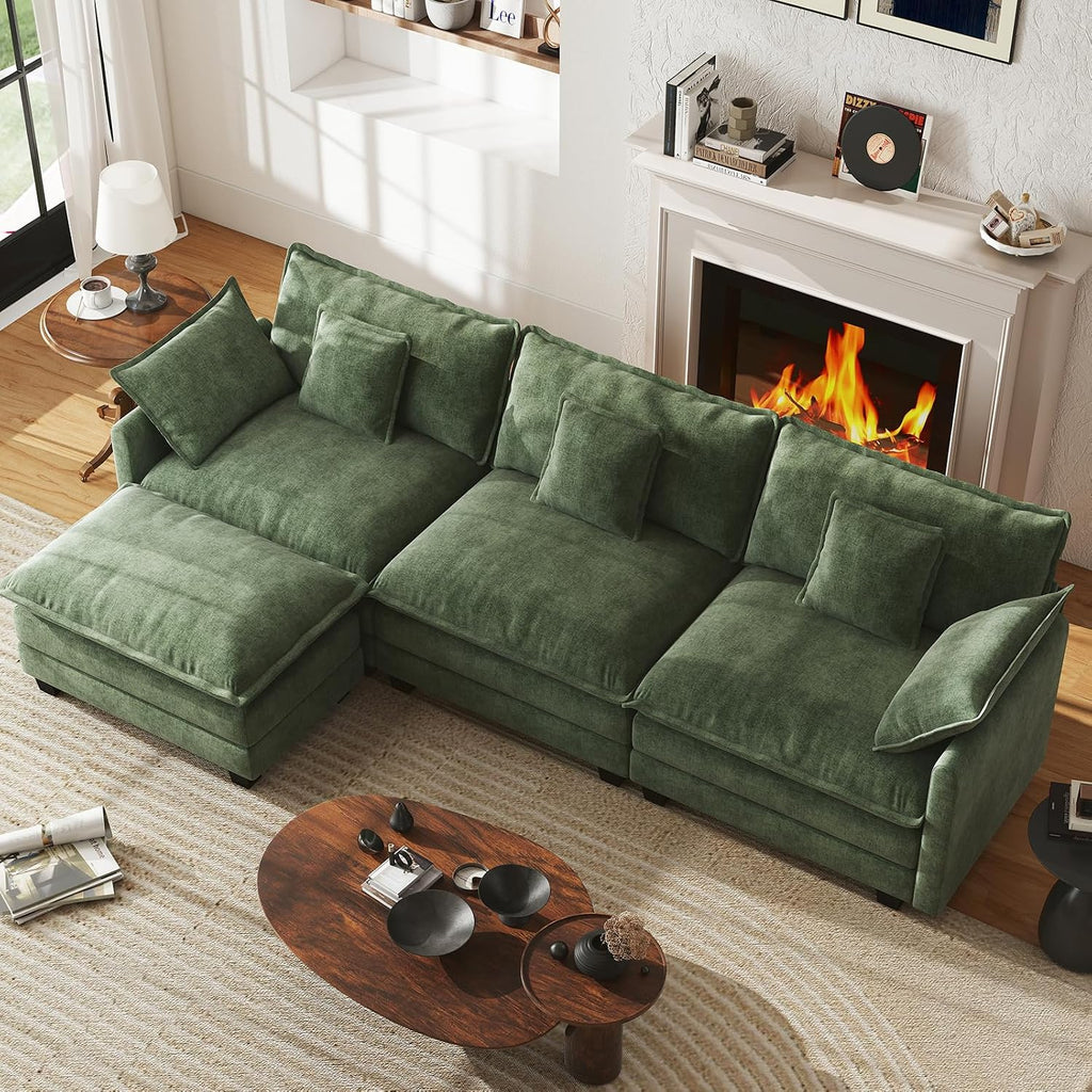 WorthFurni 111.4' Cloud Couch Modular Sectional Sofa with Ottoman, Comfy Modern 3-Seater Couches with Pillows & Upholstered Deep Seat Cushion for Apartment Living Room Bedroom (Green)