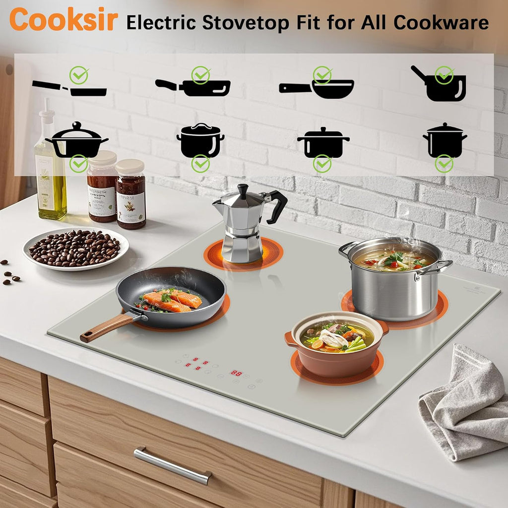 Electric Cooktop 24 Inch - 4 Burner Electric Cooktop Built-in 6000W Beige-Grey, 24 Inches Electrical Four Burner Stove Top with 99-Min Timer, Safety Lock, 220-240V Hard Wired (No Plug)