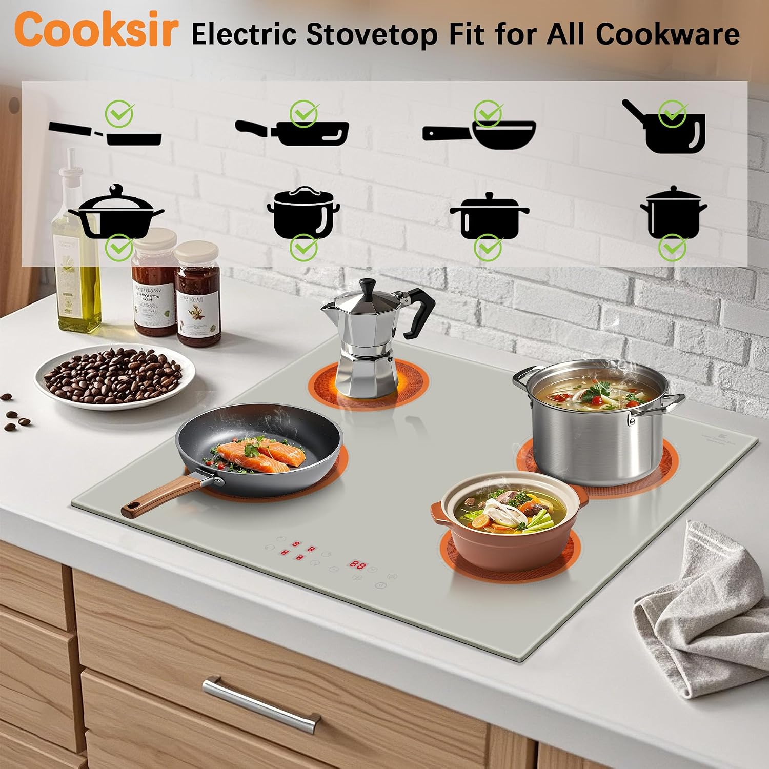 Electric Cooktop 24 Inch - 4 Burner Electric Cooktop Built-in 6000W Beige-Grey, 24 Inches Electrical Four Burner Stove Top with 99-Min Timer, Safety Lock, 220-240V Hard Wired (No Plug)