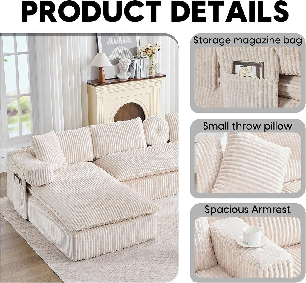 Oversized Cloud Boneless Couch with Chaise, 149' Modern U Shape Modular Deep Seat Sectional Sofa, Comfy Corduroy Upholstered Couches for Living Room, No Assembly Required, Beige White